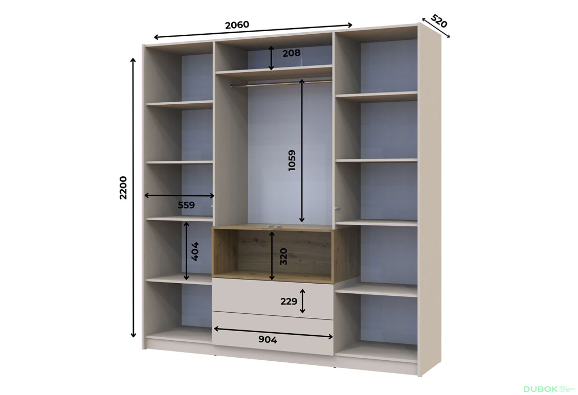 Skriňa štvordverová Dale 206x52x220 cm Kašmír/Dub artisan - Fotografia 7 Fotografia 7 - Skriňa štvordverová Dale 206x52x220 cm Kašmír/Dub artisan