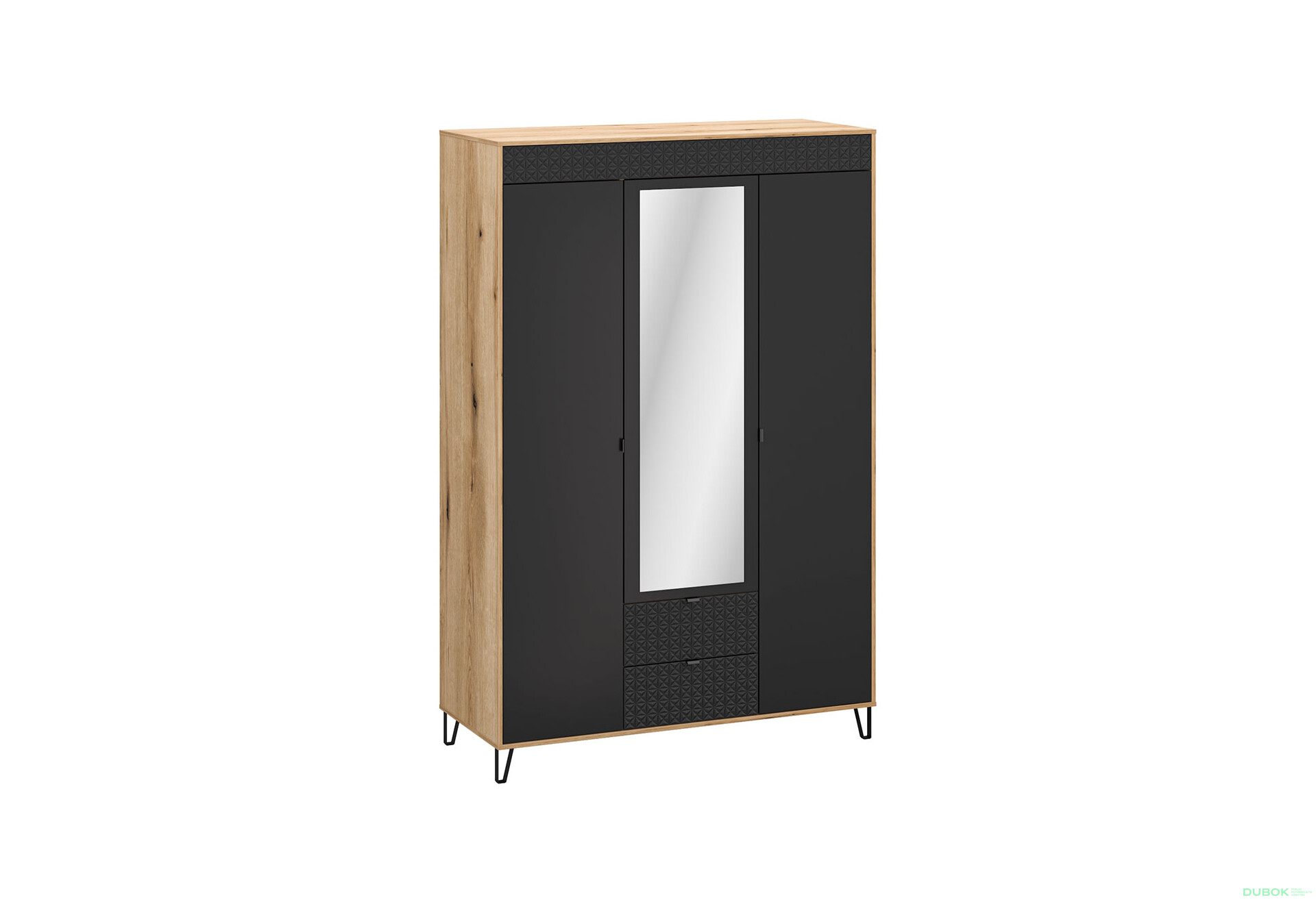 Skriňa trojdverová so zrkadlom a zásuvkami Bellano 145x200x56 cm Dub evoke / Čierna - Fotografia 1 Fotografia 1 - Skriňa trojdverová so zrkadlom a zásuvkami Bellano 145x200x56 cm Dub evoke / Čierna