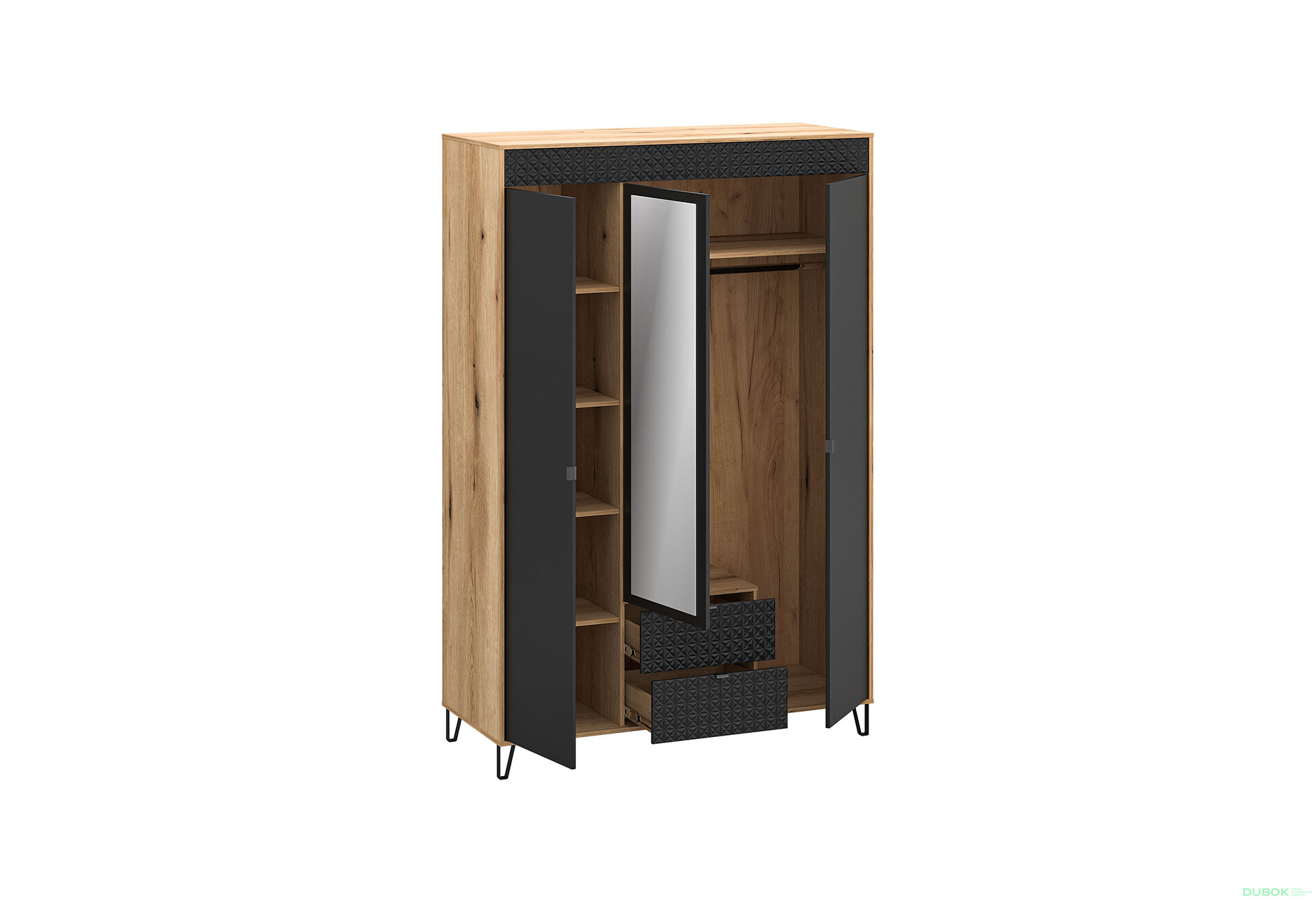 Skriňa trojdverová so zrkadlom a zásuvkami Bellano 145x200x56 cm Dub evoke / Čierna - Fotografia 2 Fotografia 2 - Skriňa trojdverová so zrkadlom a zásuvkami Bellano 145x200x56 cm Dub evoke / Čierna
