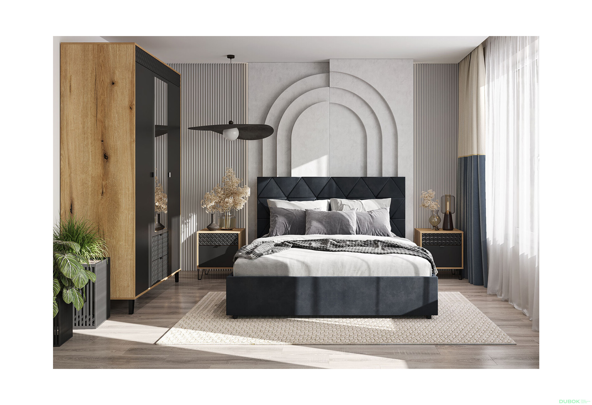 Skriňa trojdverová so zrkadlom a zásuvkami Bellano 145x200x56 cm Dub evoke / Čierna - Fotografia 3 Fotografia 3 - Skriňa trojdverová so zrkadlom a zásuvkami Bellano 145x200x56 cm Dub evoke / Čierna