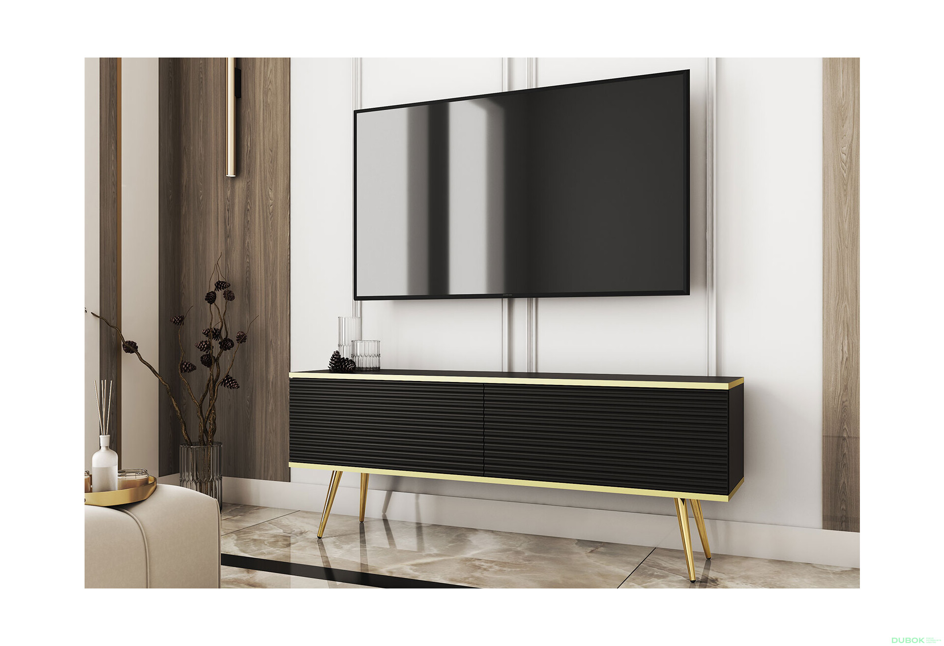 TV stolík RTV 135 MDF čierny, zlaté nohy Oro - Fotografia 2 Fotografia 2 - TV stolík RTV 135 MDF čierny, zlaté nohy Oro