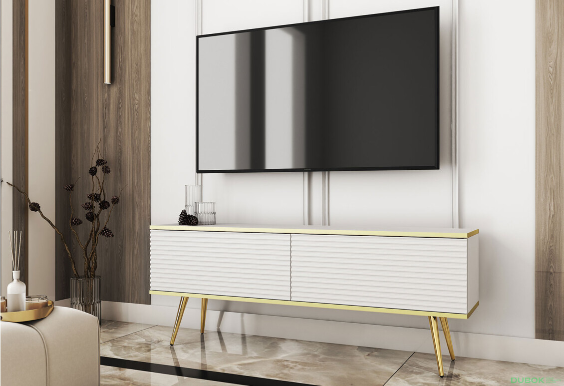 TV stolík RTV 135 MDF biely, zlaté nohy Oro - Fotografia 2 Fotografia 2 - TV stolík RTV 135 MDF biely, zlaté nohy Oro