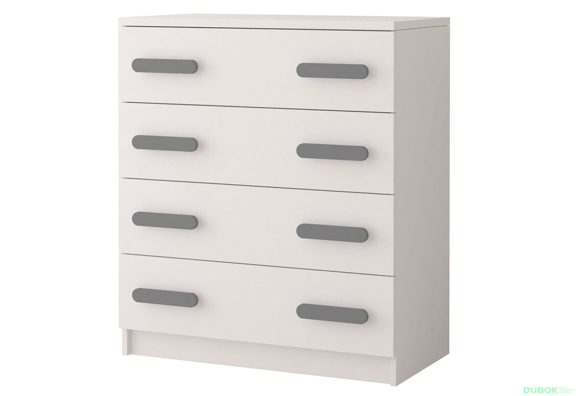 Komoda 4S Šmyk biela, úchytky šedý Idczak meble