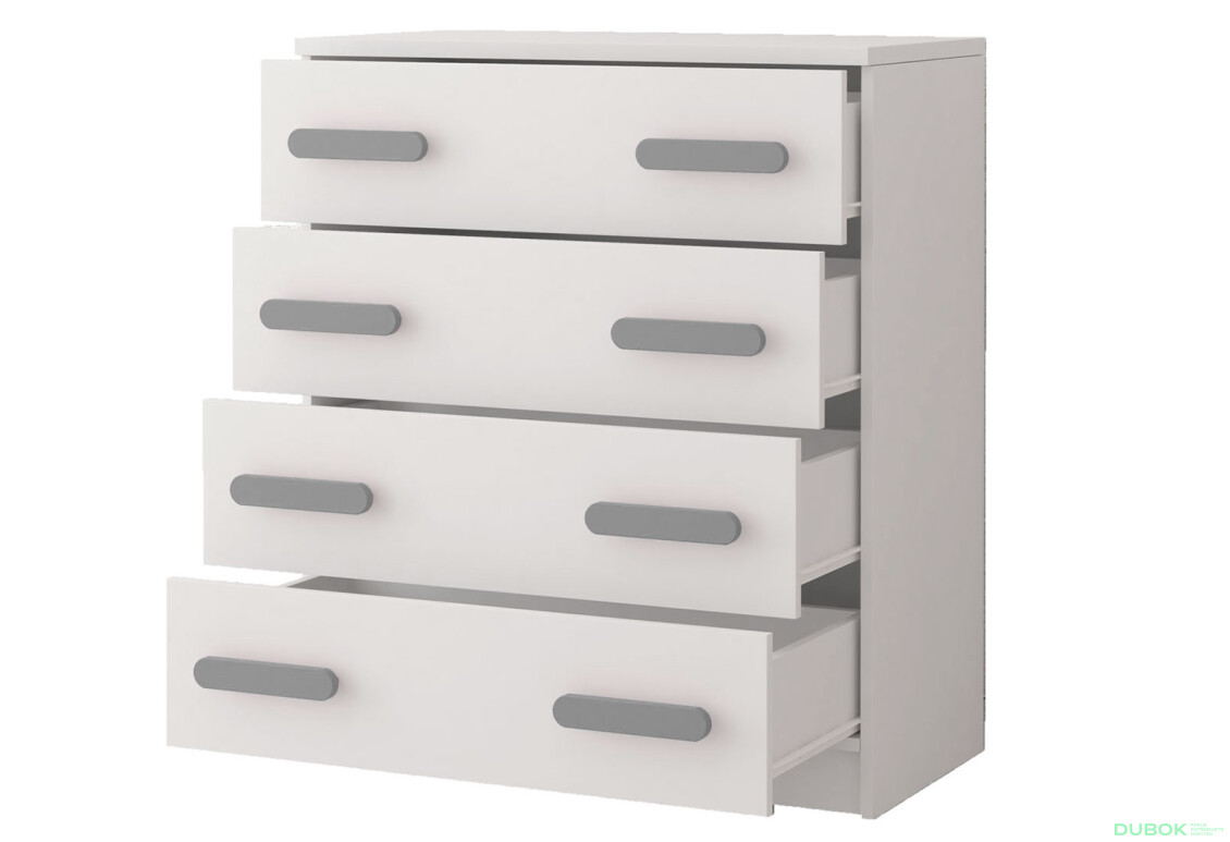 Fotografia 2 - Komoda 4S Šmyk biela, úchytky šedý Idczak meble