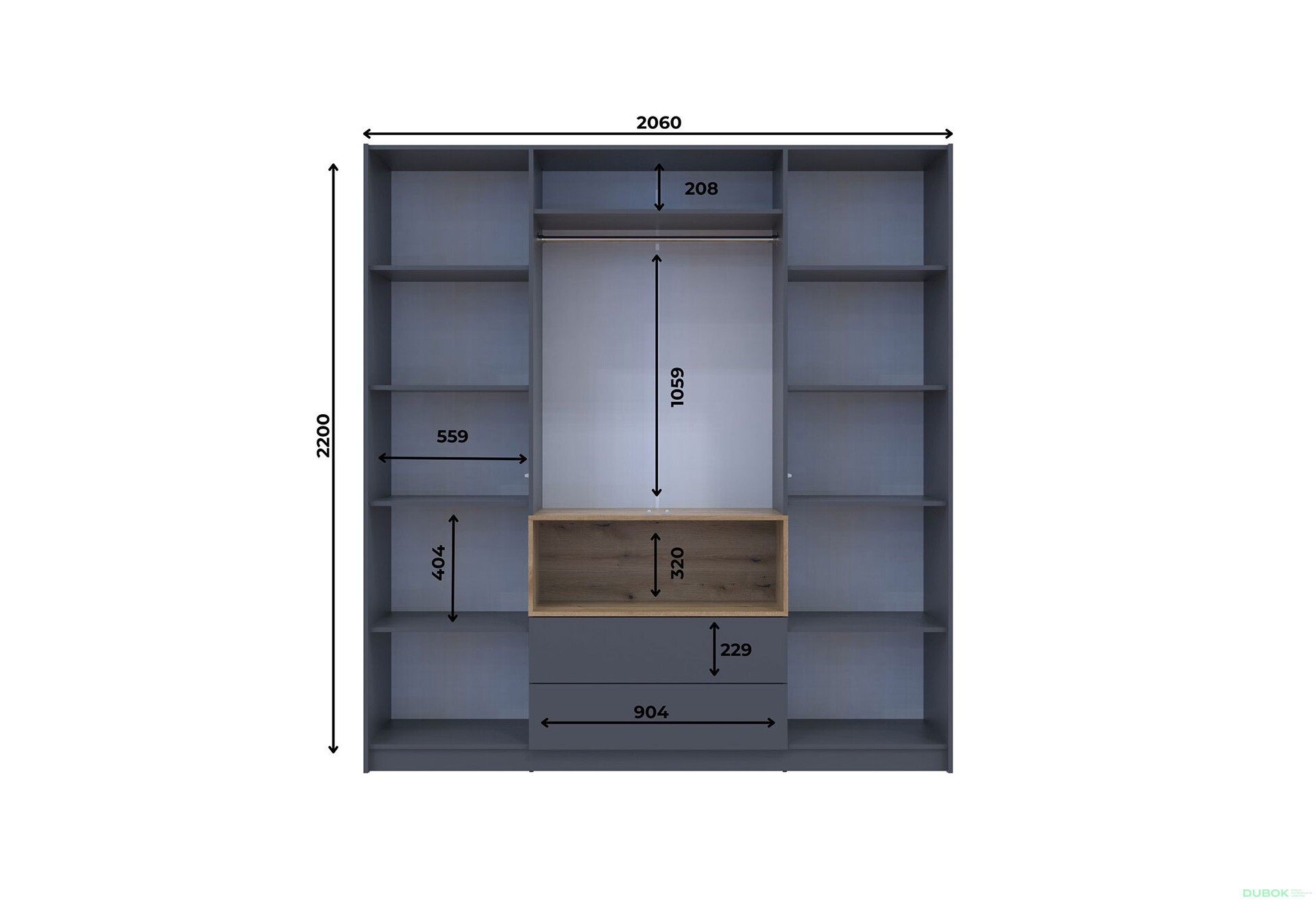 Skriňa štvordverová Dale 206x52x220 cm grafit / dub evoke - Fotografia 7 Fotografia 7 - Skriňa štvordverová Dale 206x52x220 cm grafit / dub evoke