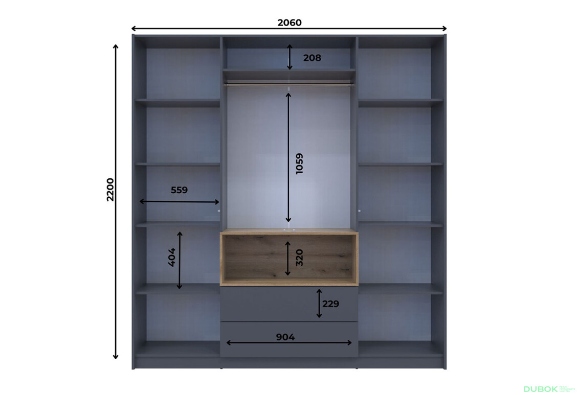 Skriňa štvordverová Dale 206x52x220 cm grafit / dub evoke - Fotografia 7 Fotografia 7 - Skriňa štvordverová Dale 206x52x220 cm grafit / dub evoke