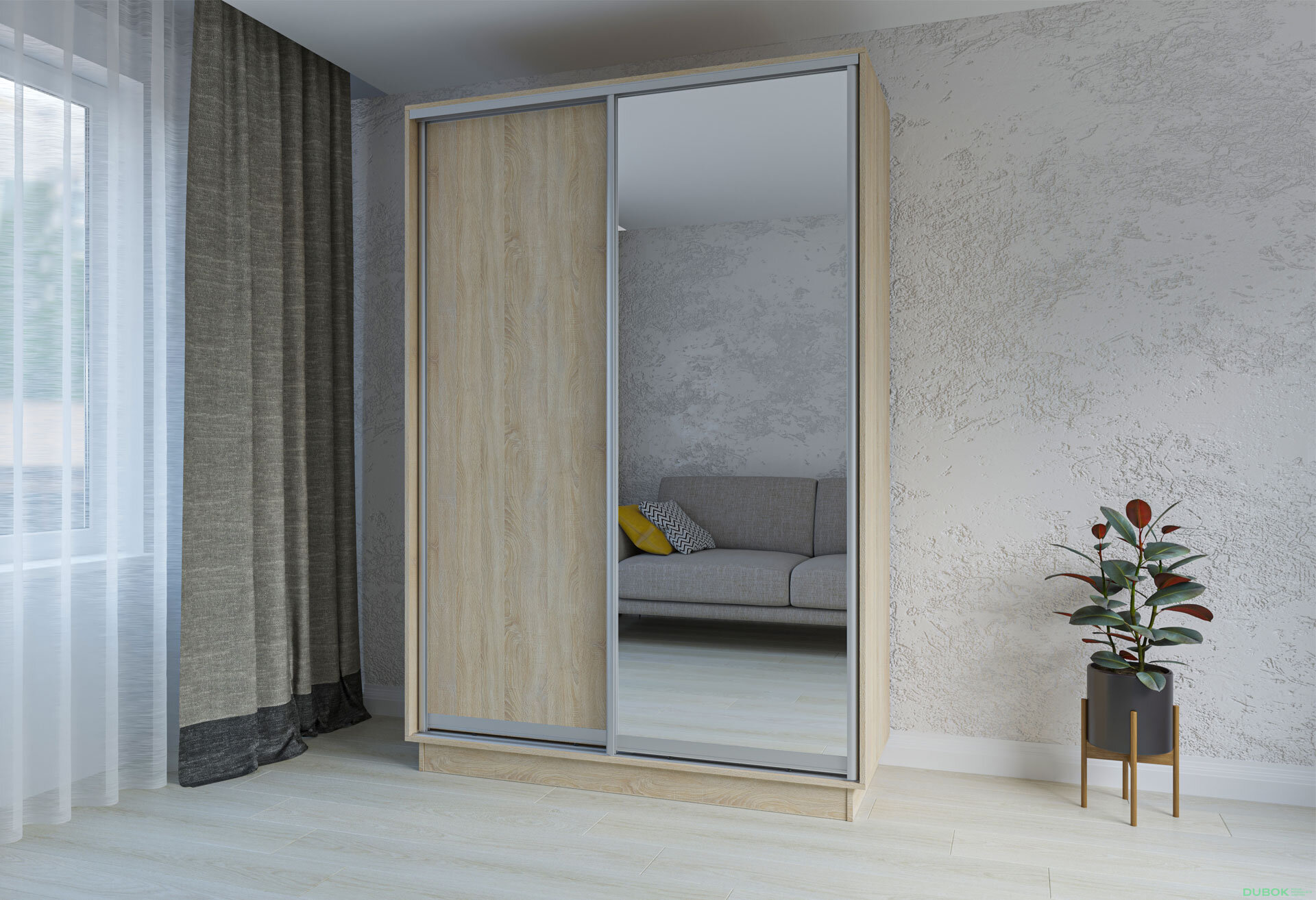 Fotografia 2 - Skriňa s posuvnými dverami 2200x1400x600 1DTD 1 Zrkadlo dub sonoma, profil strieborný