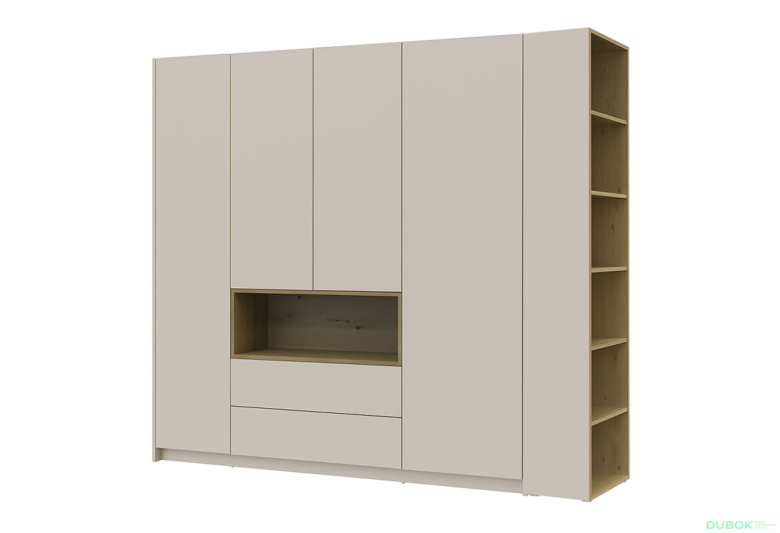 Skriňa Dale 4D + Regál otvorený Kašmír/Dub artisan