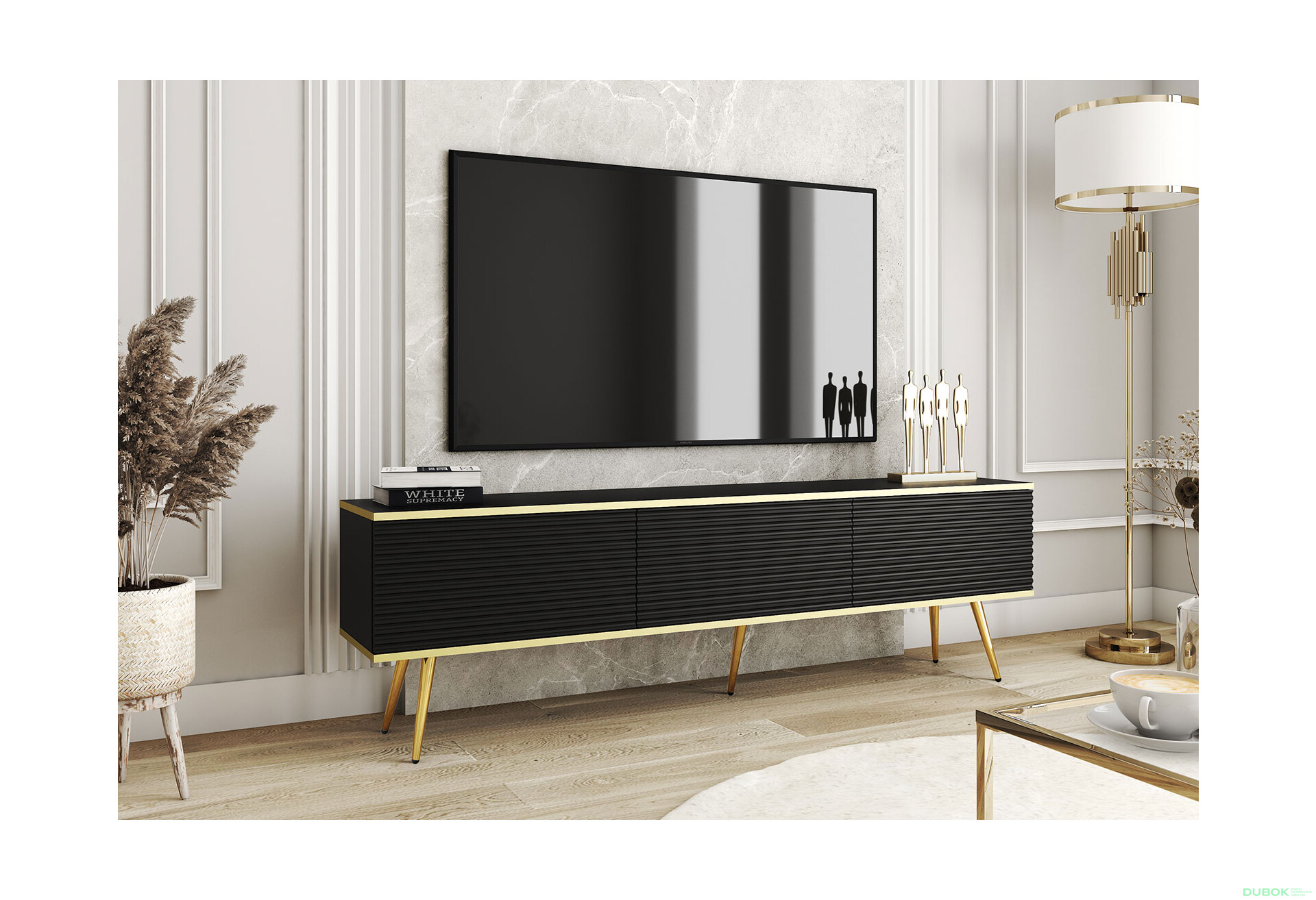Fotografia 3 - TV stolík RTV 175 MDF čierny, zlaté nohy Oro