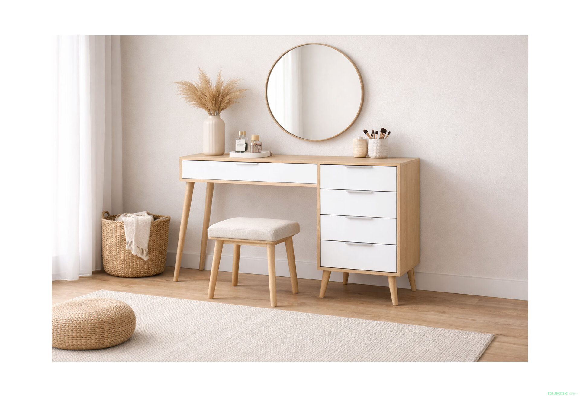 Fotografia 2 - Toaletný stolík 5-dielny lesklý biely / dub cremona Olívia