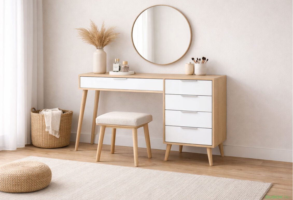 Fotografia 2 - Toaletný stolík 5-dielny lesklý biely / dub cremona Olívia