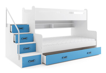 Poschodová posteľ Max 3 biele / modrý 80x200 / 120x200 + zásuvka, s roštom, matracom