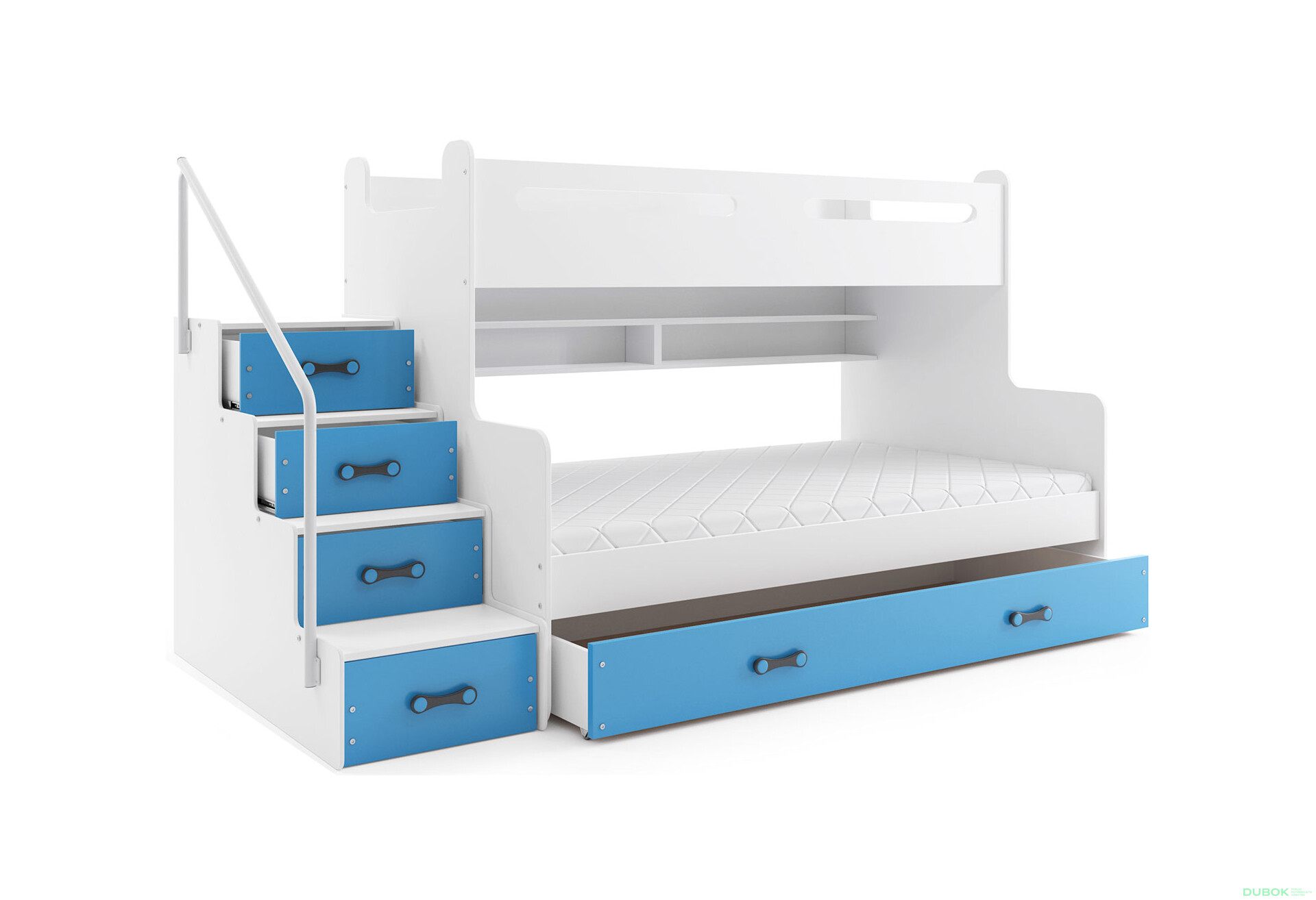 Poschodová posteľ Max 3 biele / modrý 80x200 / 120x200 + zásuvka, s roštom, matracom - Fotografia 1 Fotografia 1 - Poschodová posteľ Max 3 biele / modrý 80x200 / 120x200 + zásuvka, s roštom, matracom