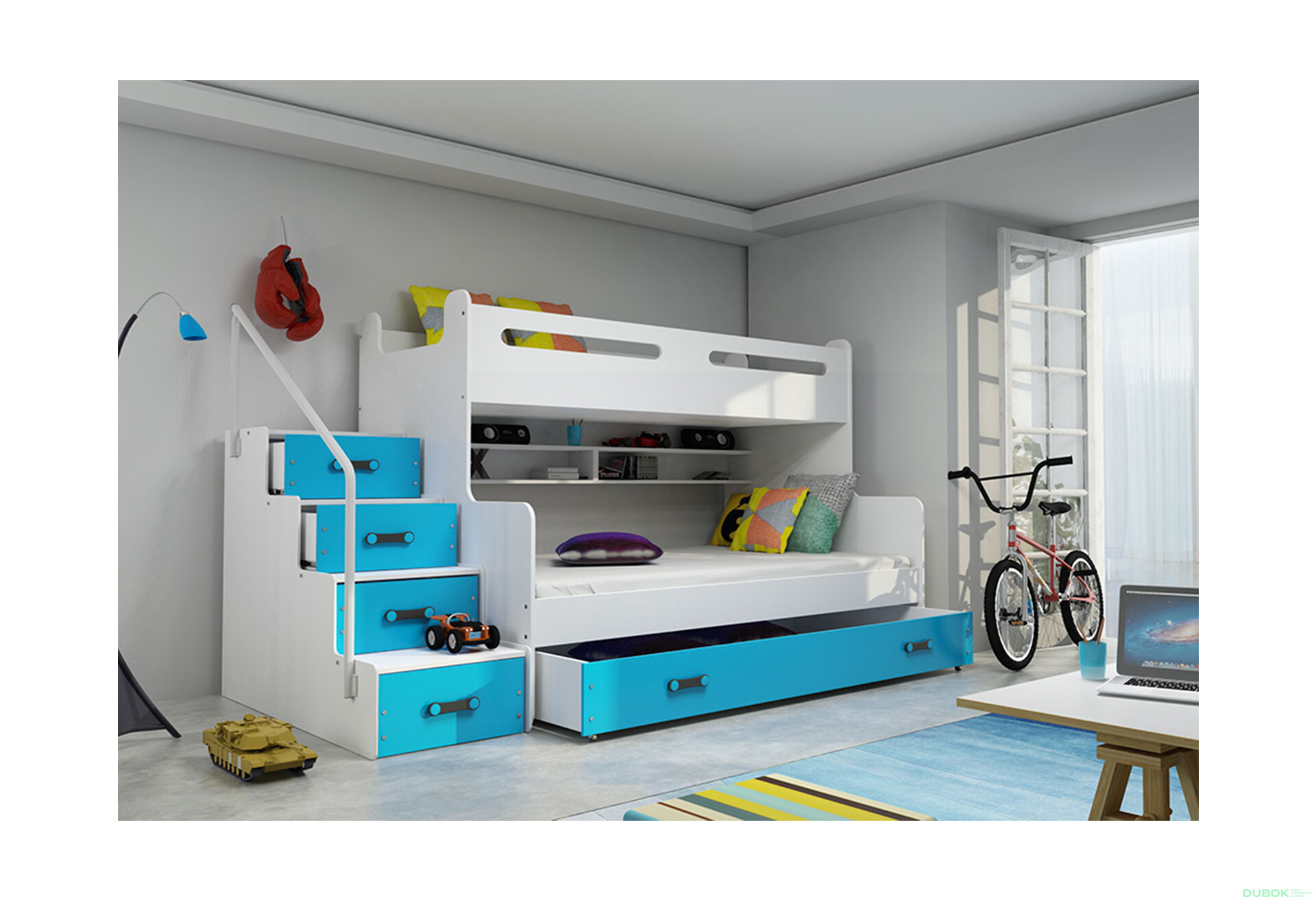Poschodová posteľ Max 3 biele / modrý 80x200 / 120x200 + zásuvka, s roštom, matracom - Fotografia 3 Fotografia 3 - Poschodová posteľ Max 3 biele / modrý 80x200 / 120x200 + zásuvka, s roštom, matracom