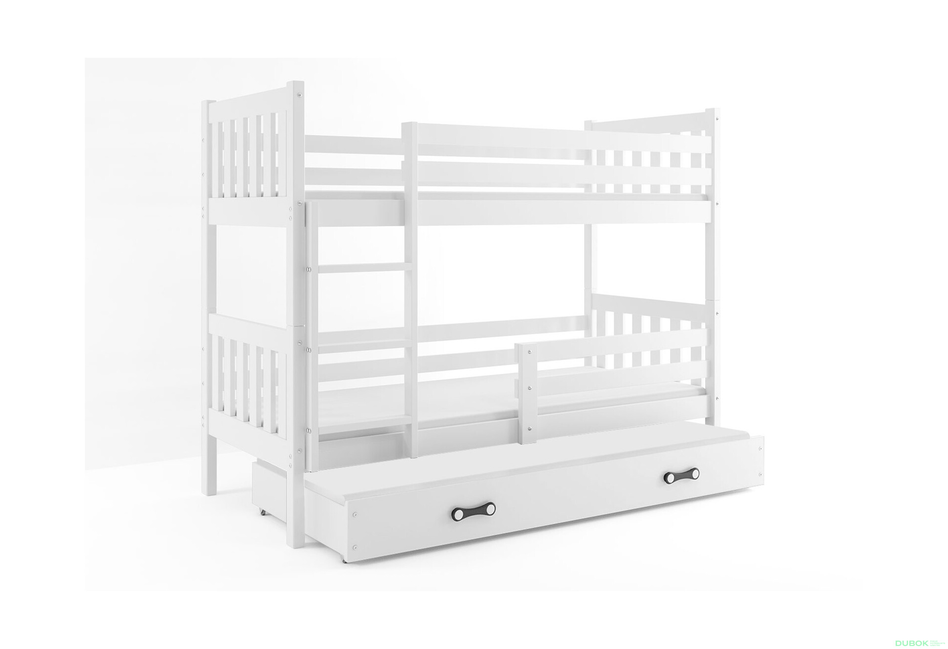 Fotografia 1 - Poschodová posteľ Carino pre tri osoby biele, zásuvka biela 80x190 cm s roštom, matracom