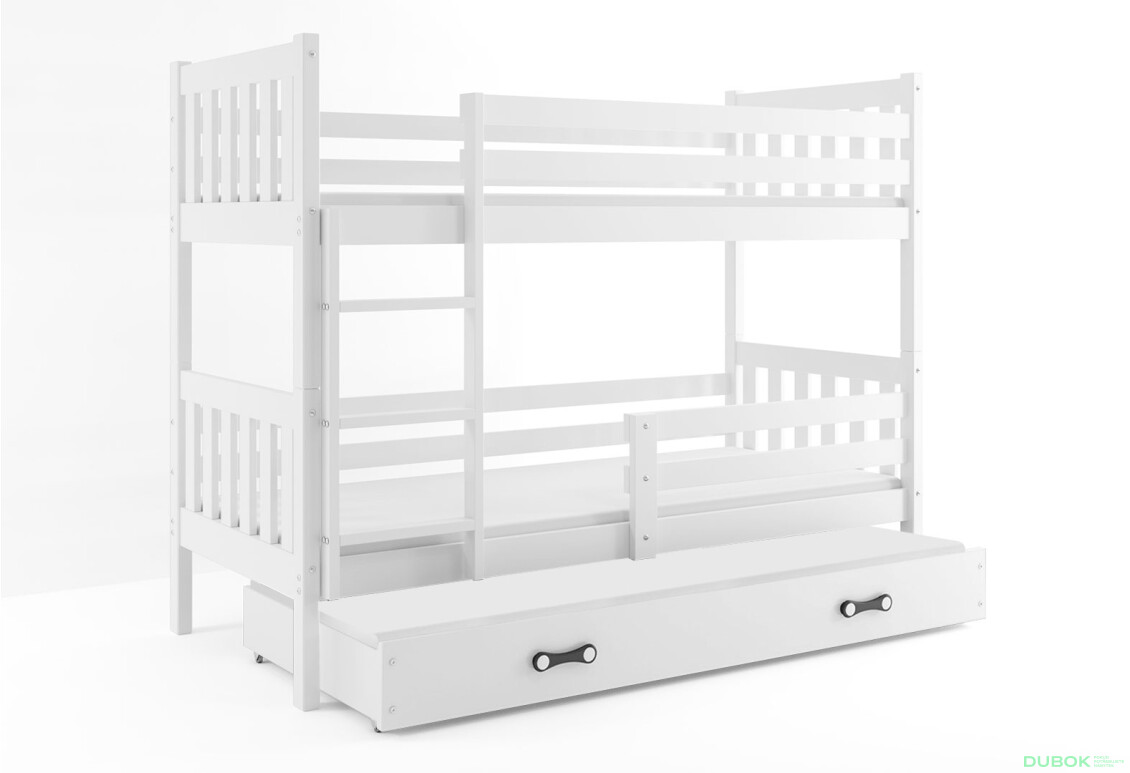 Poschodová posteľ Carino pre tri osoby biele, zásuvka biela 80x190 cm s roštom, matracom