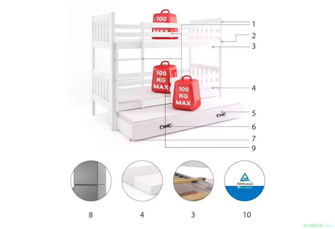 Poschodová posteľ Carino pre tri osoby biele, zásuvka biela 80x190 cm s roštom, matracom - Fotografia 4 Fotografia 4 - Poschodová posteľ Carino pre tri osoby biele, zásuvka biela 80x190 cm s roštom, matracom