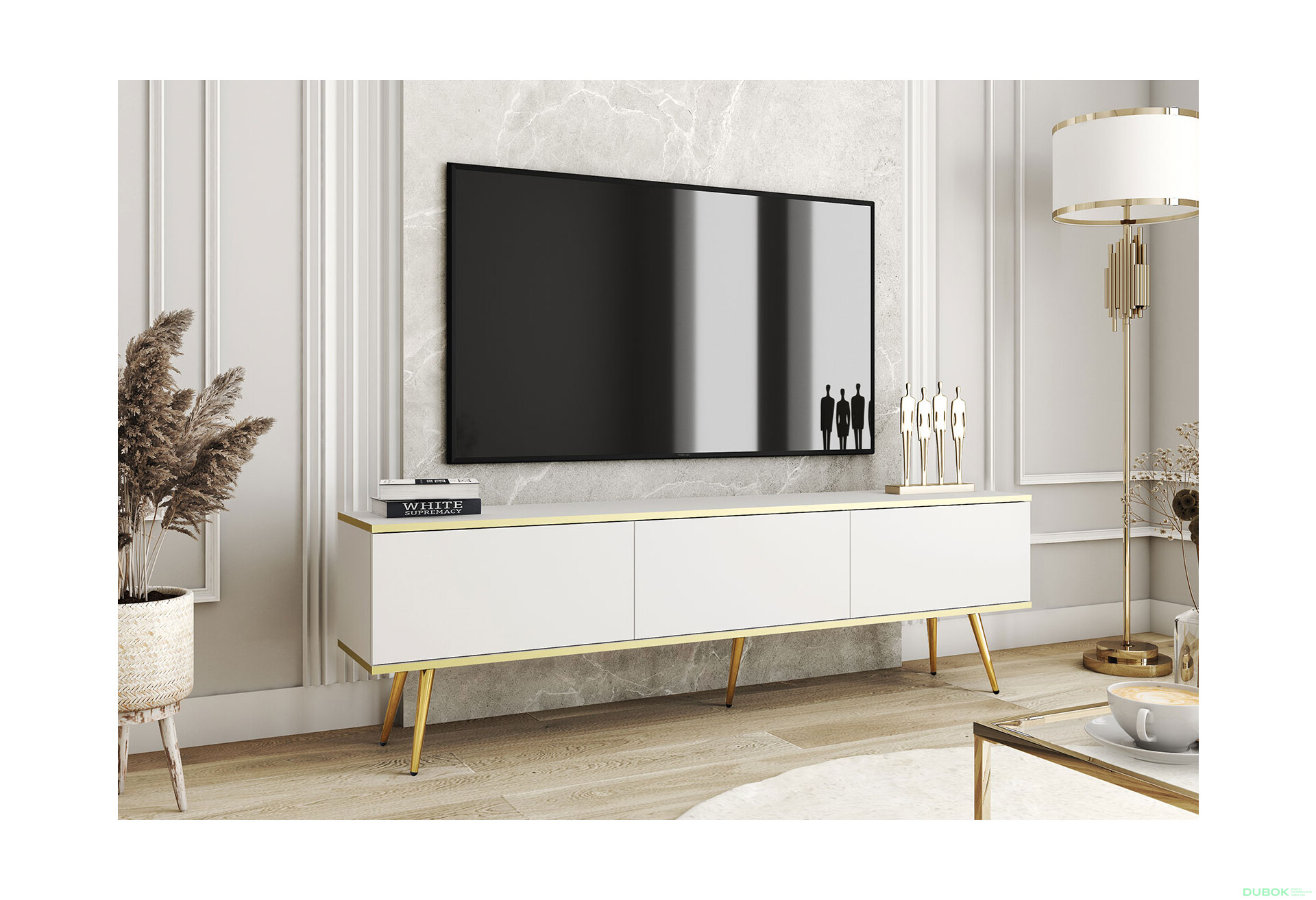 TV stolík RTV 175 biely, zlaté nohy Oro - Fotografia 2 Fotografia 2 - TV stolík RTV 175 biely, zlaté nohy Oro