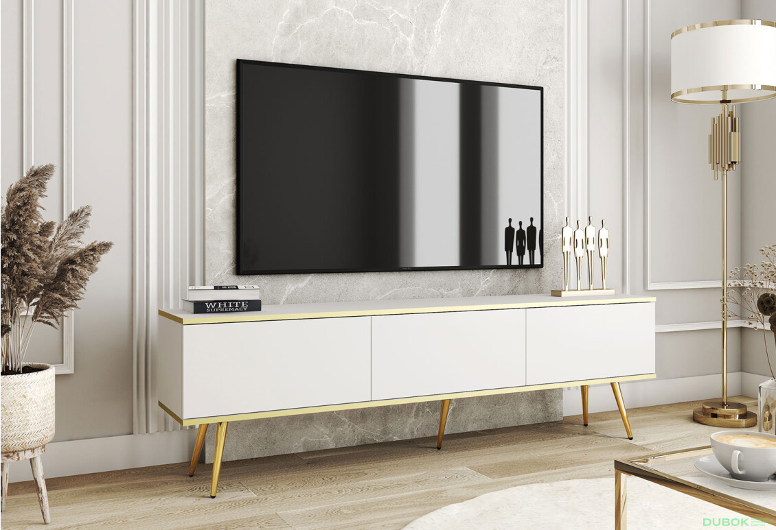 TV stolík RTV 175 biely, zlaté nohy Oro - Fotografia 2 Fotografia 2 - TV stolík RTV 175 biely, zlaté nohy Oro