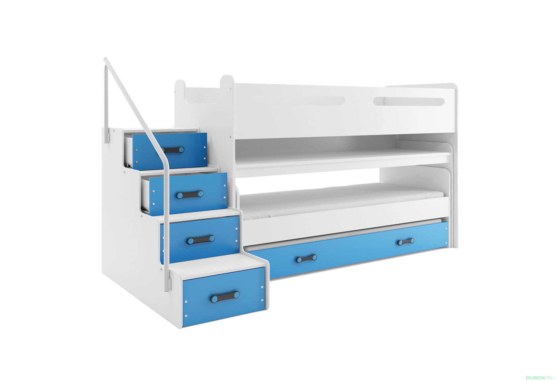 Poschodová posteľ Max 1 pre tri osoby biele / modrý 80x200 cm s roštom, matracom - Fotografia 1 Fotografia 1 - Poschodová posteľ Max 1 pre tri osoby biele / modrý 80x200 cm s roštom, matracom