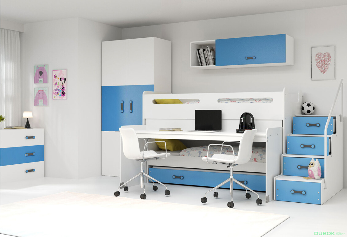 Poschodová posteľ Max 1 pre tri osoby biele / modrý 80x200 cm s roštom, matracom - Fotografia 3 Fotografia 3 - Poschodová posteľ Max 1 pre tri osoby biele / modrý 80x200 cm s roštom, matracom