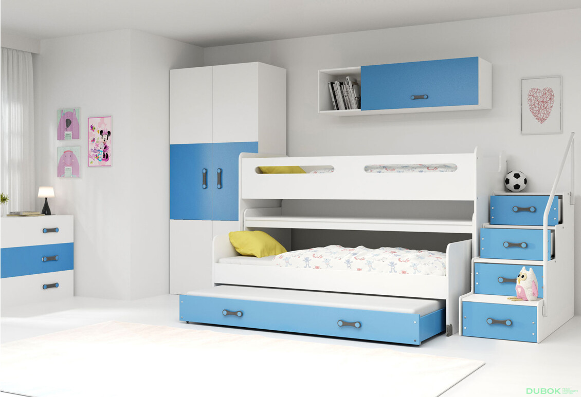 Poschodová posteľ Max 1 pre tri osoby biele / modrý 80x200 cm s roštom, matracom - Fotografia 4 Fotografia 4 - Poschodová posteľ Max 1 pre tri osoby biele / modrý 80x200 cm s roštom, matracom