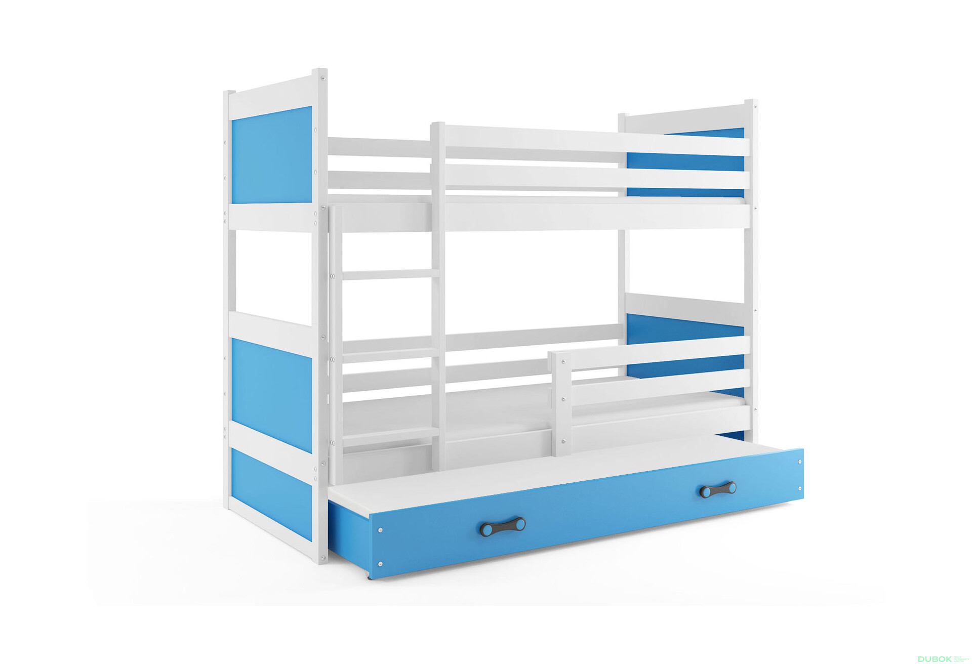 Poschodová posteľ Rico pre tri osoby biele / modrý 90x200 cm s roštom, matracom - Fotografia 1 Fotografia 1 - Poschodová posteľ Rico pre tri osoby biele / modrý 90x200 cm s roštom, matracom