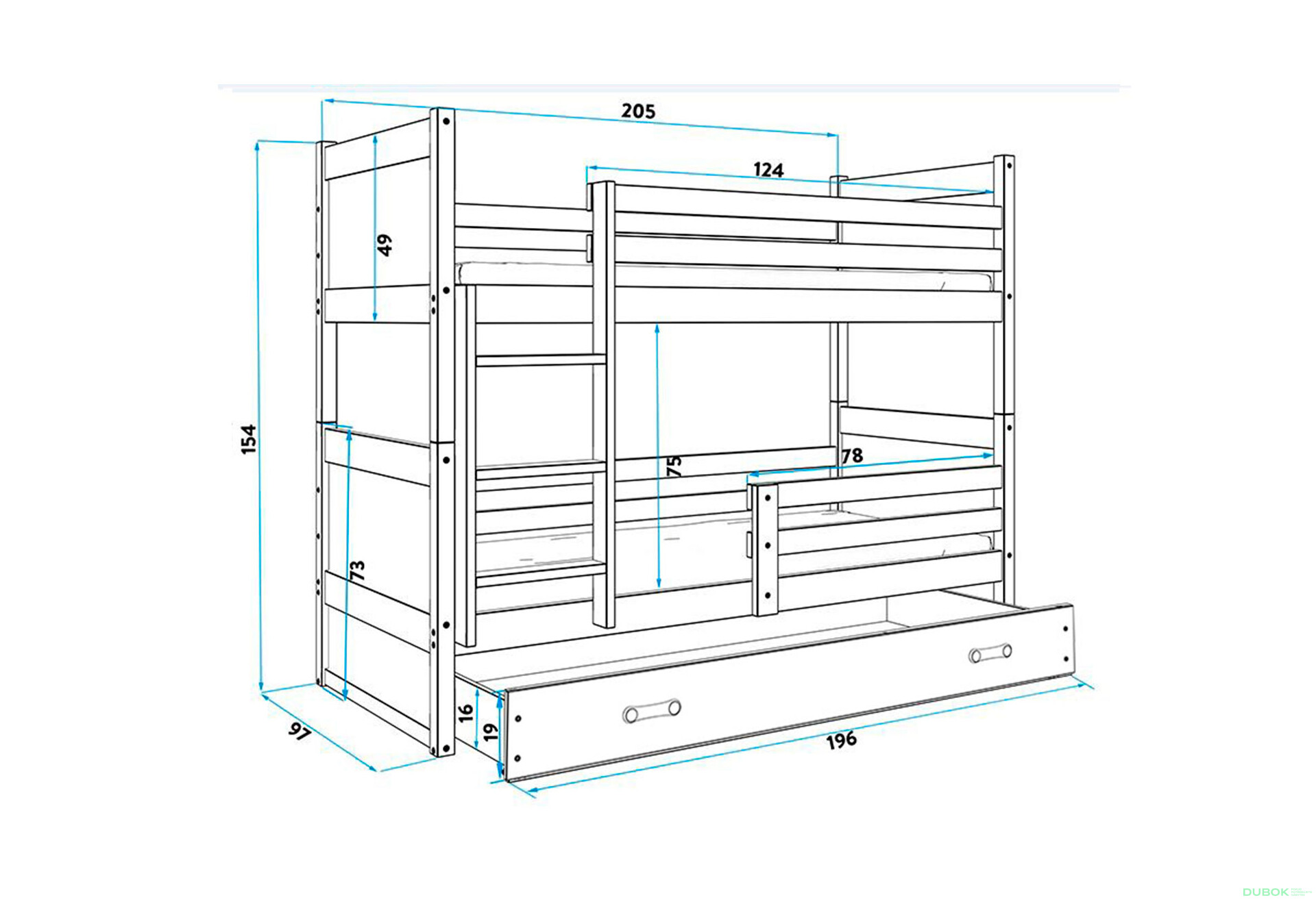 Poschodová posteľ Rico pre tri osoby biele / modrý 90x200 cm s roštom, matracom - Fotografia 3 Fotografia 3 - Poschodová posteľ Rico pre tri osoby biele / modrý 90x200 cm s roštom, matracom