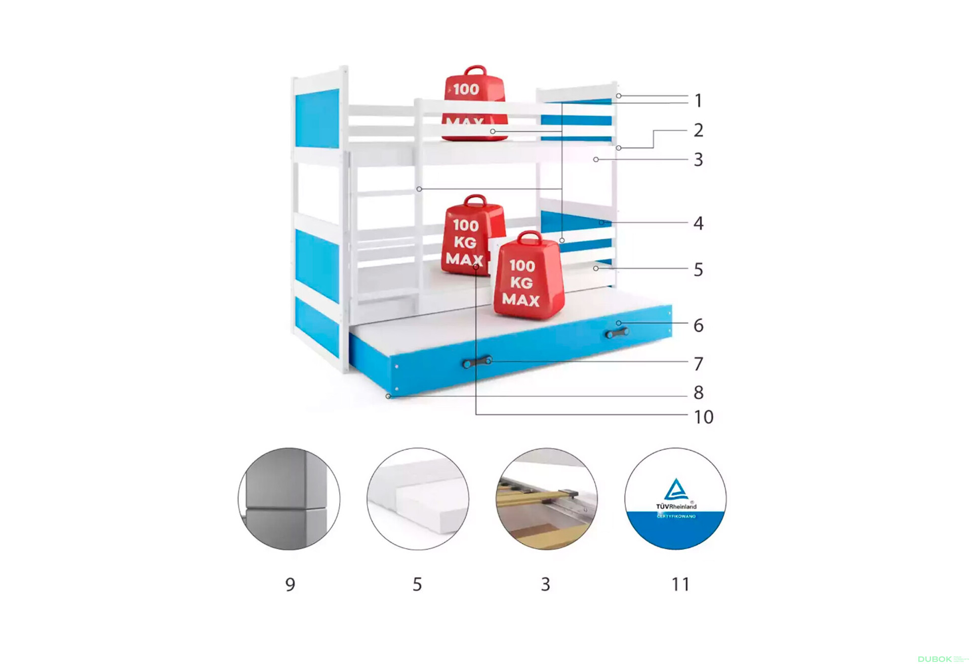 Poschodová posteľ Rico pre tri osoby biele / modrý 90x200 cm s roštom, matracom - Fotografia 4 Fotografia 4 - Poschodová posteľ Rico pre tri osoby biele / modrý 90x200 cm s roštom, matracom