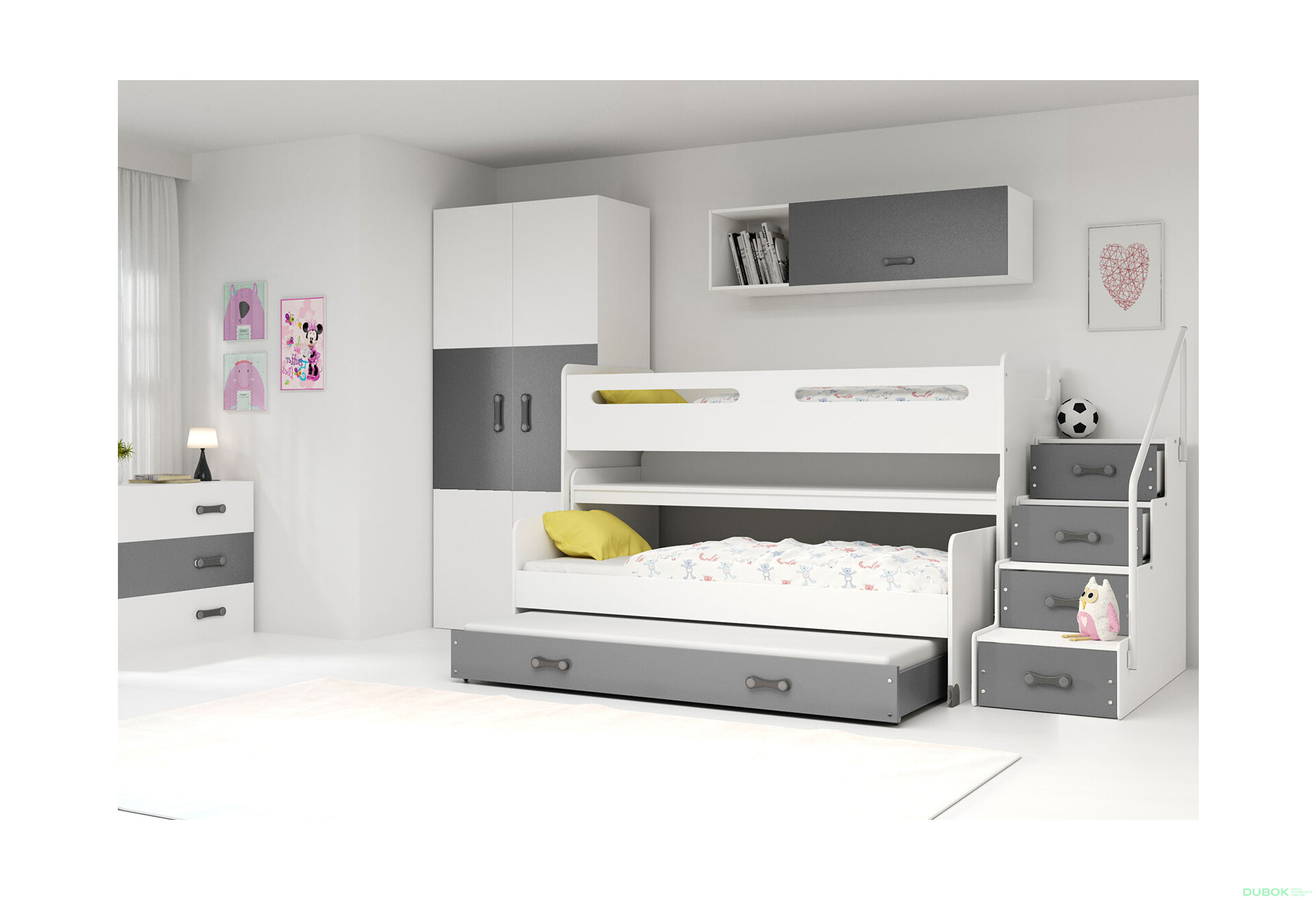 Poschodová posteľ Max 1 pre tri osoby biele / grafit 80x200 cm s roštom, matracom - Fotografia 4 Fotografia 4 - Poschodová posteľ Max 1 pre tri osoby biele / grafit 80x200 cm s roštom, matracom