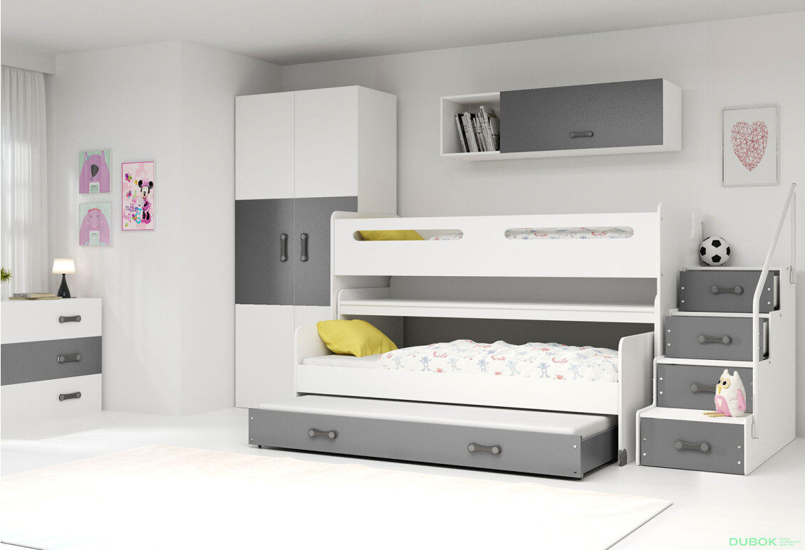 Poschodová posteľ Max 1 pre tri osoby biele / grafit 80x200 cm s roštom, matracom - Fotografia 4 Fotografia 4 - Poschodová posteľ Max 1 pre tri osoby biele / grafit 80x200 cm s roštom, matracom