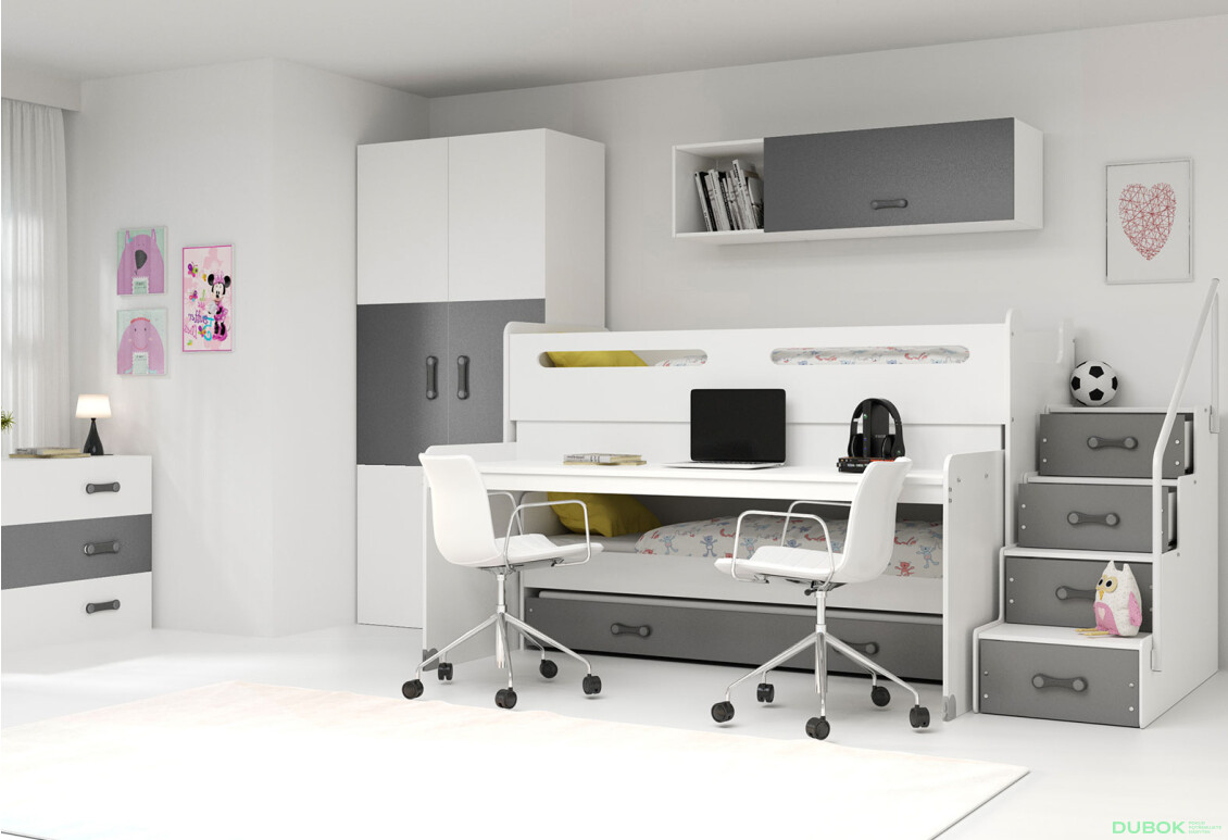 Poschodová posteľ Max 1 pre tri osoby biele / grafit 80x200 cm s roštom, matracom - Fotografia 3 Fotografia 3 - Poschodová posteľ Max 1 pre tri osoby biele / grafit 80x200 cm s roštom, matracom