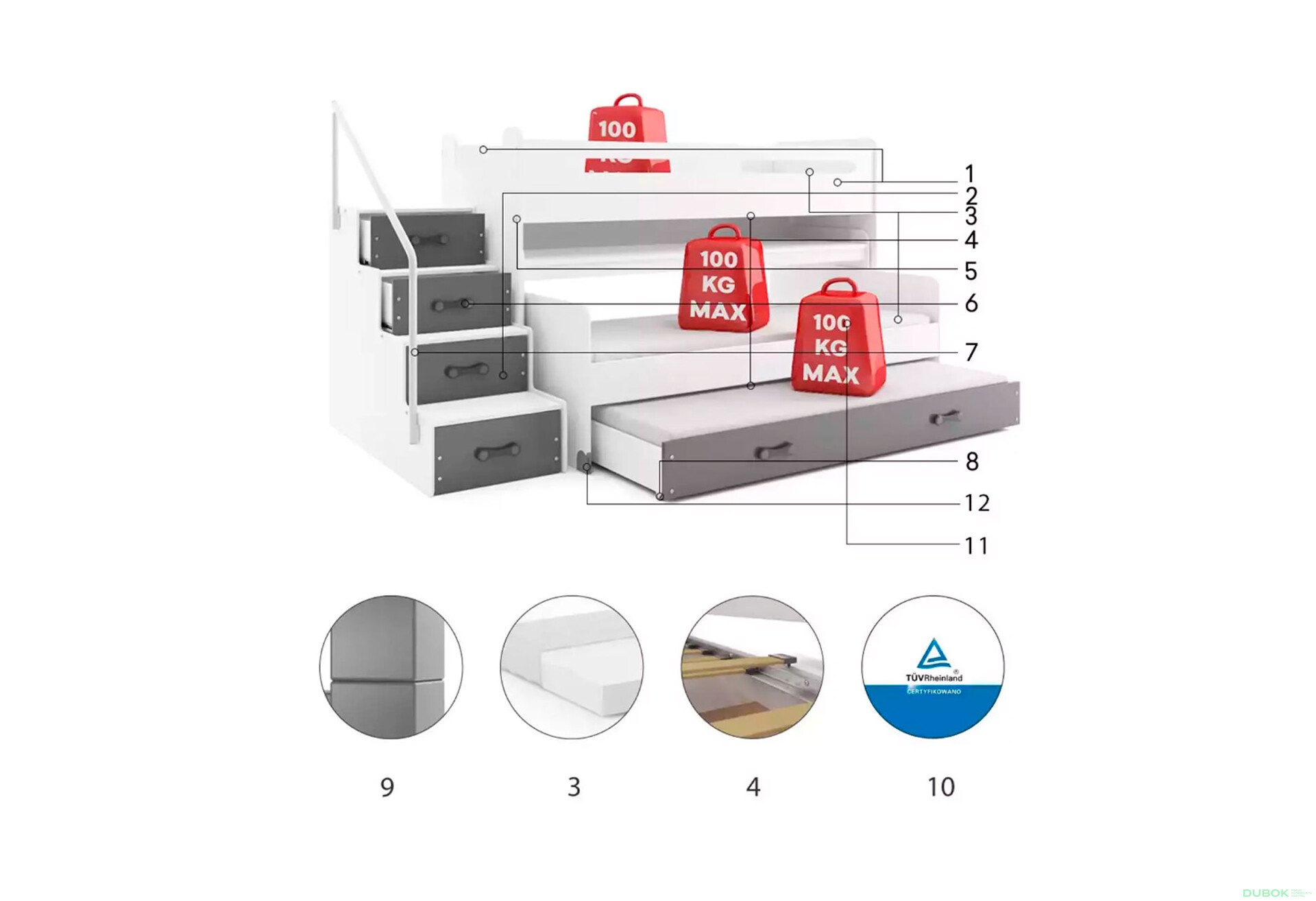 Poschodová posteľ Max 1 pre tri osoby biele / grafit 80x200 cm s roštom, matracom - Fotografia 5 Fotografia 5 - Poschodová posteľ Max 1 pre tri osoby biele / grafit 80x200 cm s roštom, matracom