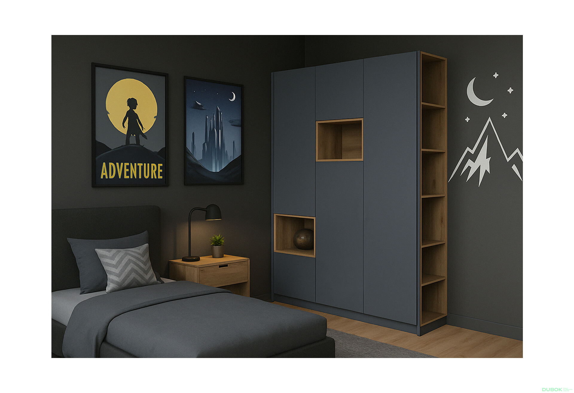 Skriňa s výklenkom Dale 2d + otvorený regál 167 cm, grafit / dub evoke - Fotografia 2 Fotografia 2 - Skriňa s výklenkom Dale 2d + otvorený regál 167 cm, grafit / dub evoke