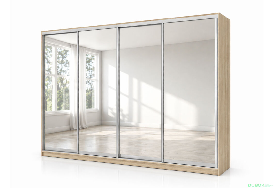 Skriňa s posuvnými dverami 2200x3000x600 4 zrkadlá dub sonoma, profil strieborný