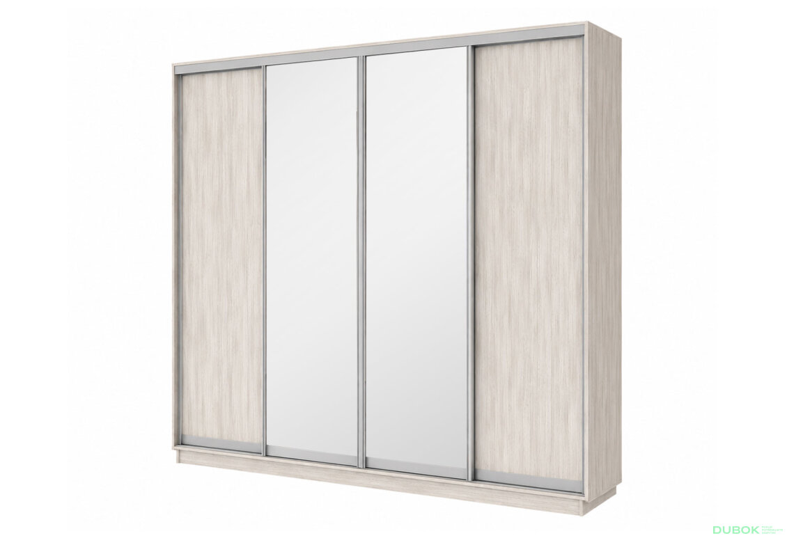 Šatníková skriňa s posuvnými dverami 4D 2800x2300x450 2DTD 2 zrkadlá artwood svetlý, profil strieborný