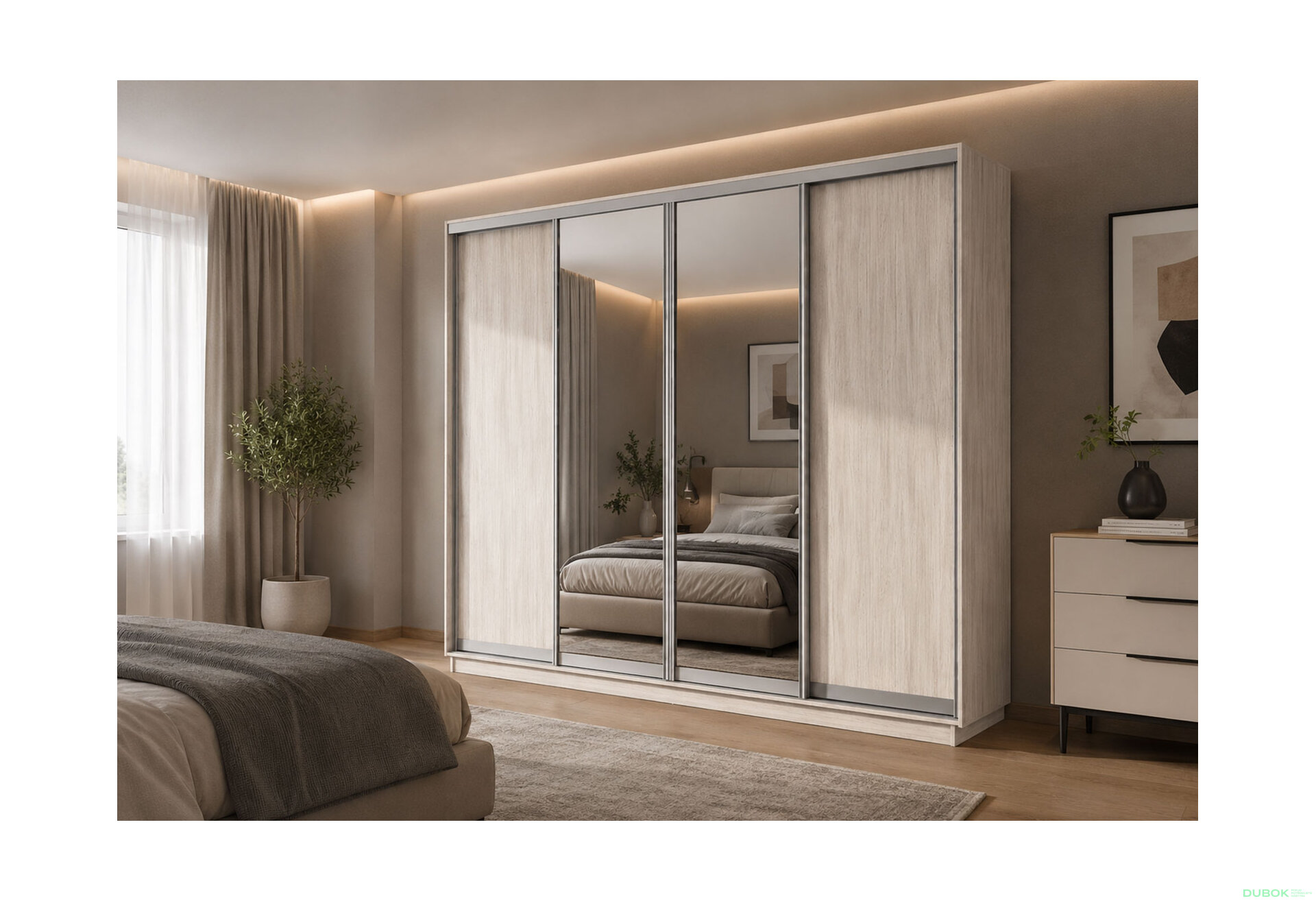 Fotografia 3 - Šatníková skriňa s posuvnými dverami 4D 2800x2300x450 2DTD 2 zrkadlá artwood svetlý, profil strieborný