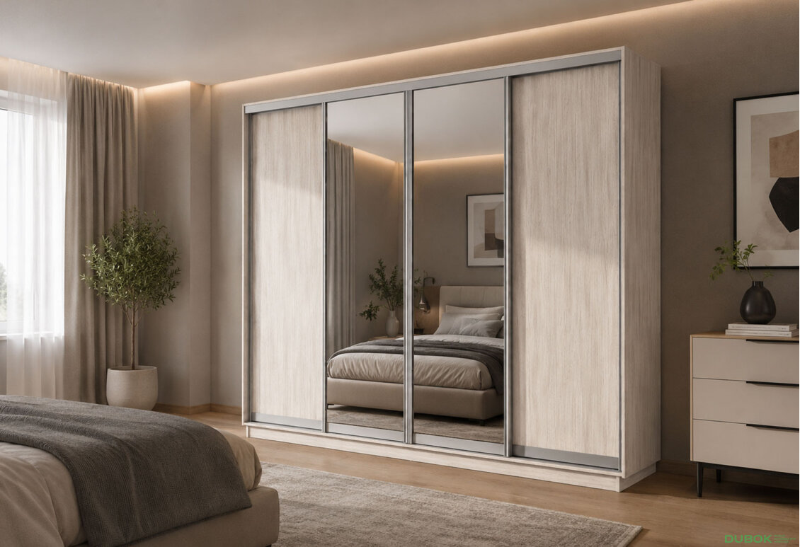 Fotografia 3 - Šatníková skriňa s posuvnými dverami 4D 2800x2300x450 2DTD 2 zrkadlá artwood svetlý, profil strieborný