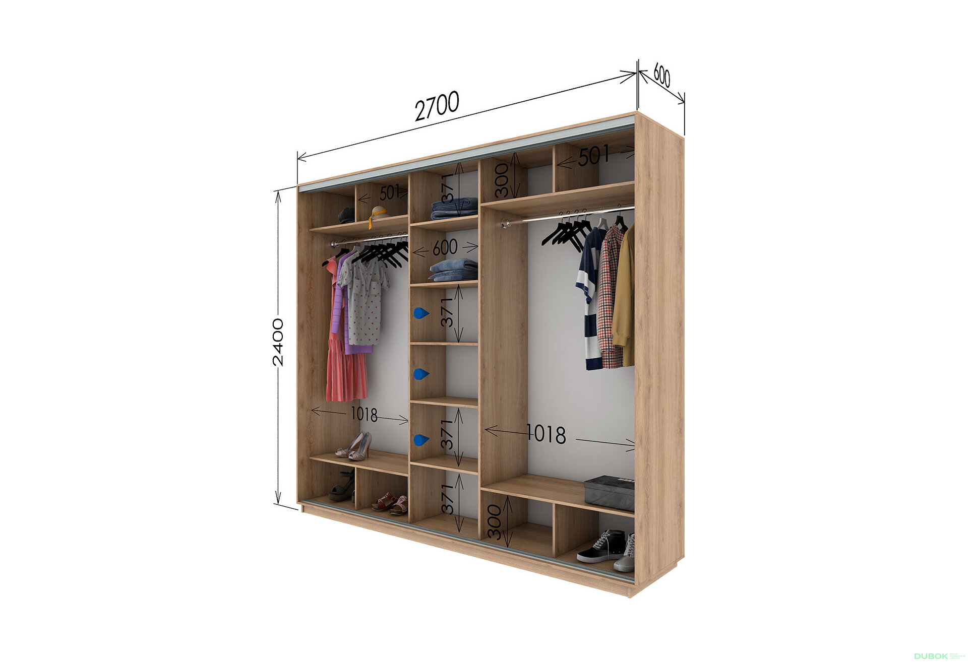 Fotografia 3 - Skriňa s posuvnými dverami 2400x2700x600 2DTD 1 zrkadlo Dub Sonoma, profil strieborný