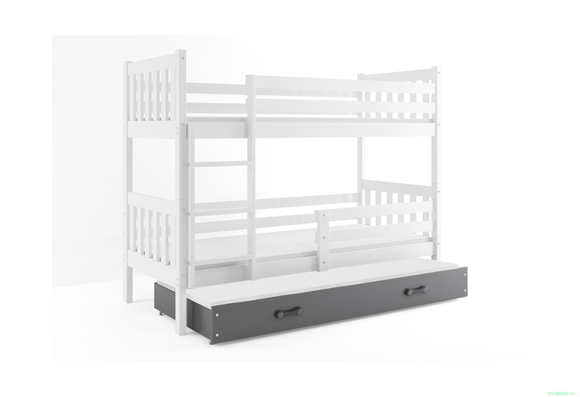 Poschodová posteľ Carino pre tri osoby biele, zásuvka grafit 80x190 cm s roštom, matracom - Fotografia 1 Fotografia 1 - Poschodová posteľ Carino pre tri osoby biele, zásuvka grafit 80x190 cm s roštom, matracom