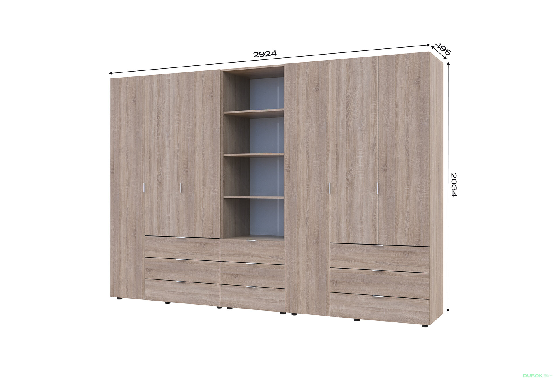 Fotografia 7 - Skriňa šesťdverová s regálom s zásuvkami Gelar 292.4 cm dub sonoma