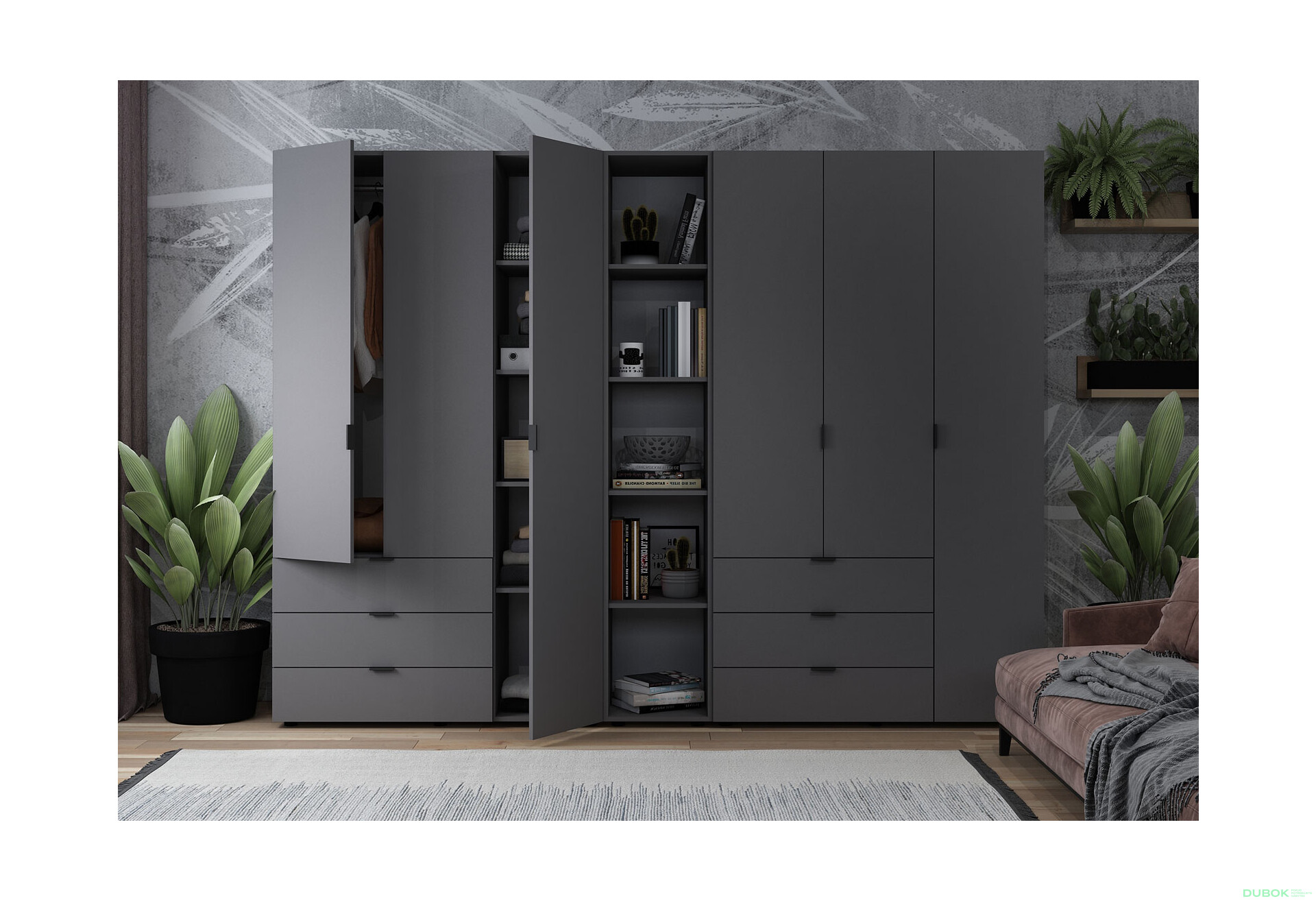 Skriňa šesťdverová s regálom Gelar 271 cm Grafit - Fotografia 3 Fotografia 3 - Skriňa šesťdverová s regálom Gelar 271 cm Grafit