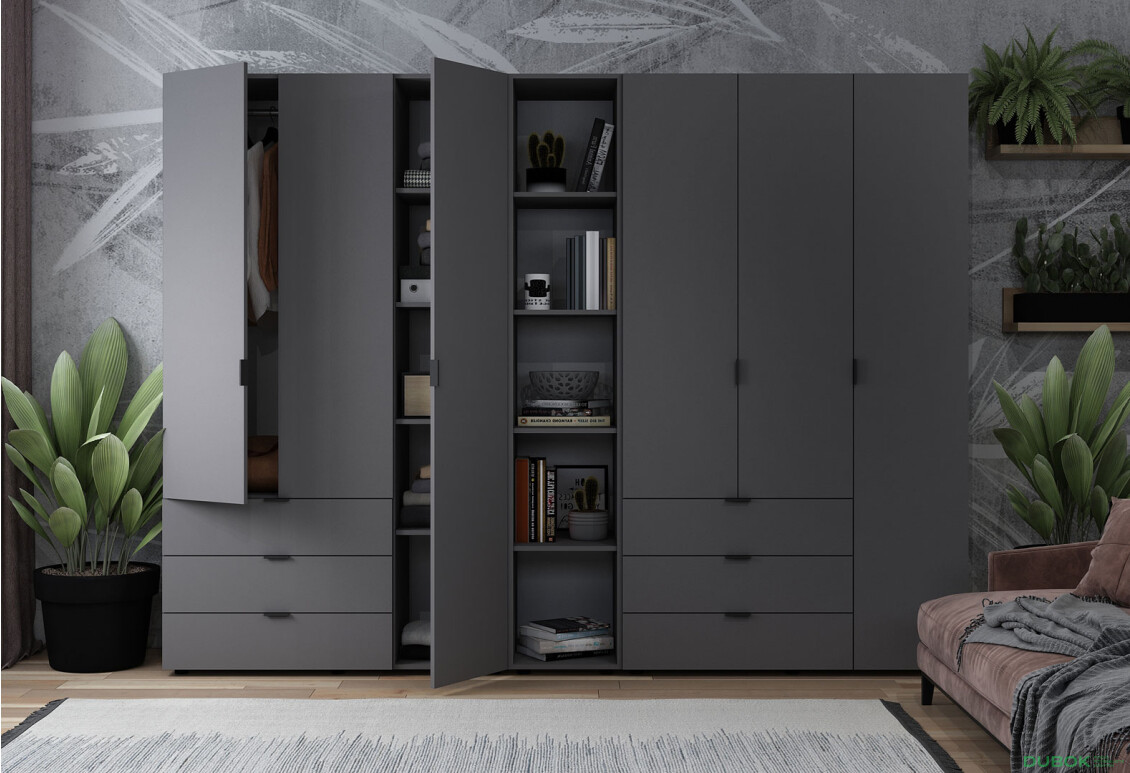 Skriňa šesťdverová s regálom Gelar 271 cm Grafit - Fotografia 3 Fotografia 3 - Skriňa šesťdverová s regálom Gelar 271 cm Grafit