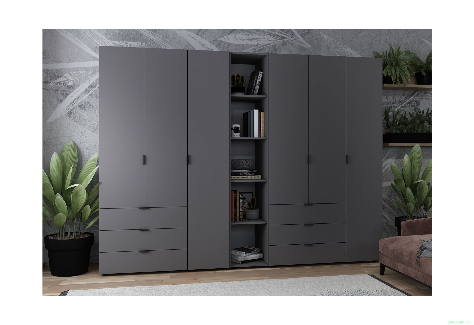 Skriňa šesťdverová s regálom Gelar 271 cm Grafit - Fotografia 2 Fotografia 2 - Skriňa šesťdverová s regálom Gelar 271 cm Grafit