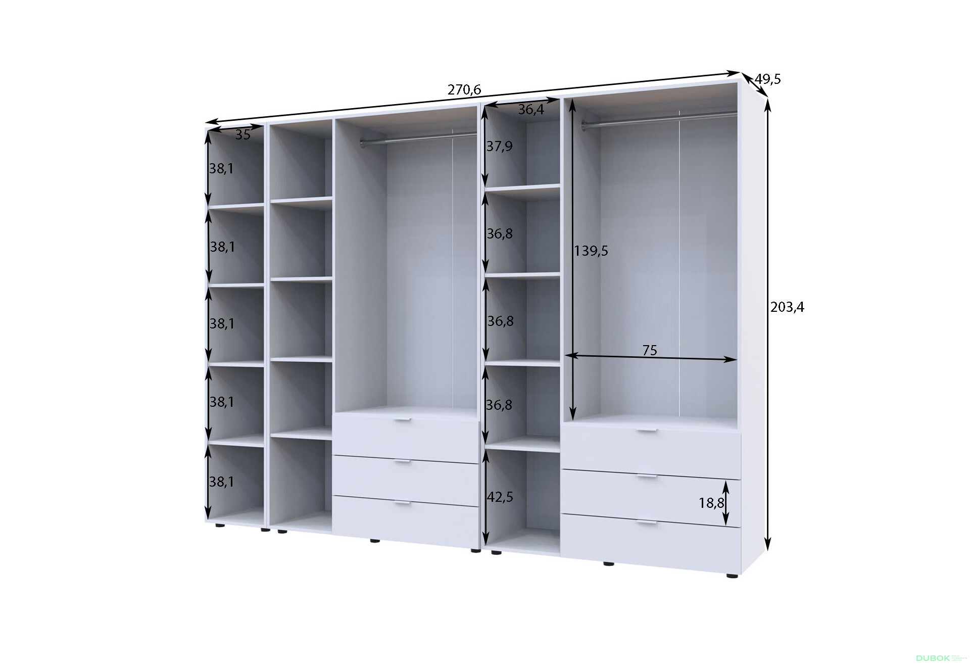 Skriňa šesťdverová s regálom Gelar 271 cm Grafit - Fotografia 7 Fotografia 7 - Skriňa šesťdverová s regálom Gelar 271 cm Grafit