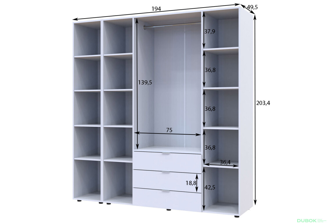 Skriňa päťdverová so zrkadlom Gelar 193.2 cm Biela - Fotografia 7 Fotografia 7 - Skriňa päťdverová so zrkadlom Gelar 193.2 cm Biela