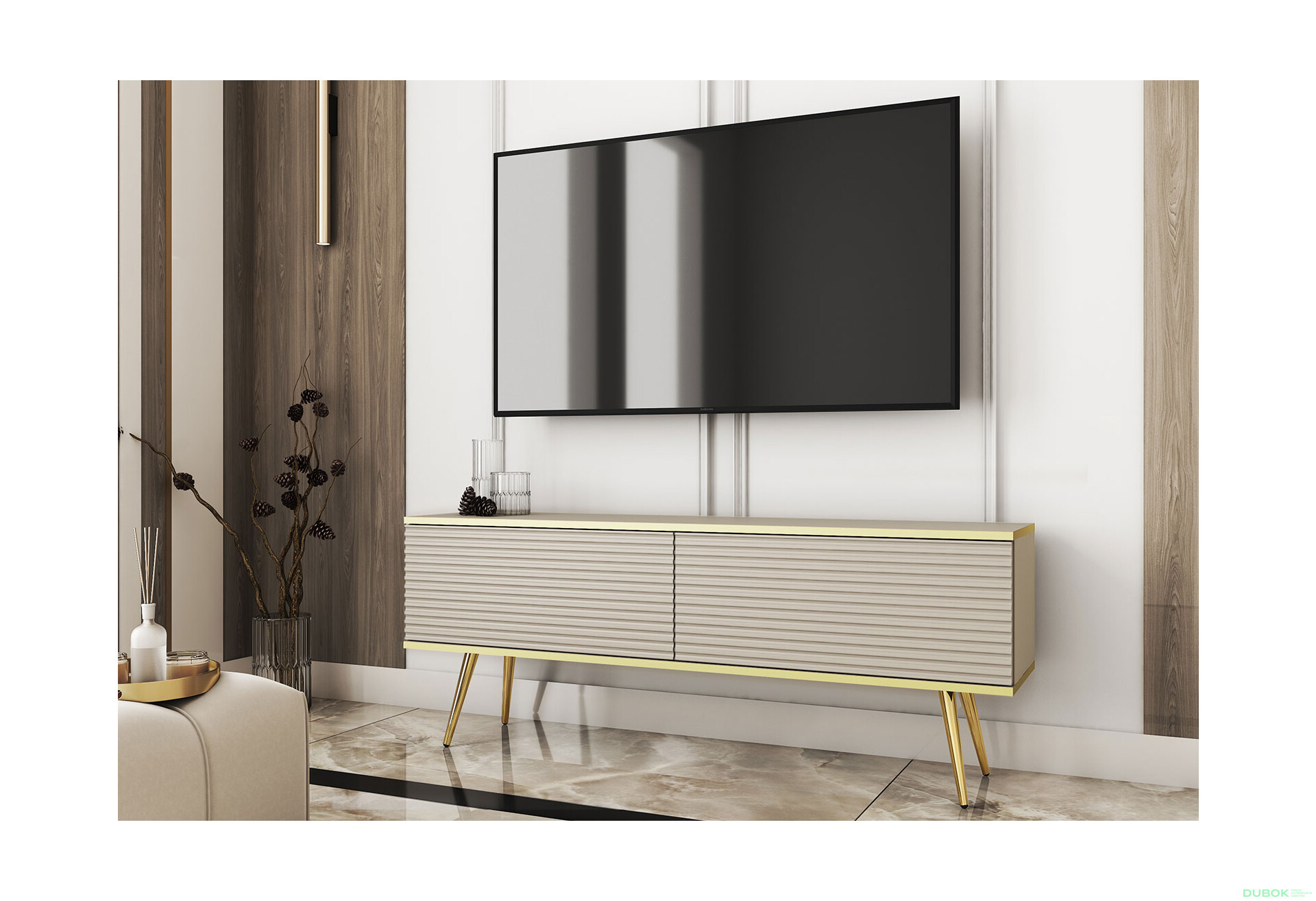 Fotografia 2 - TV stolík RTV 135 MDF béžový, zlaté nohy Oro