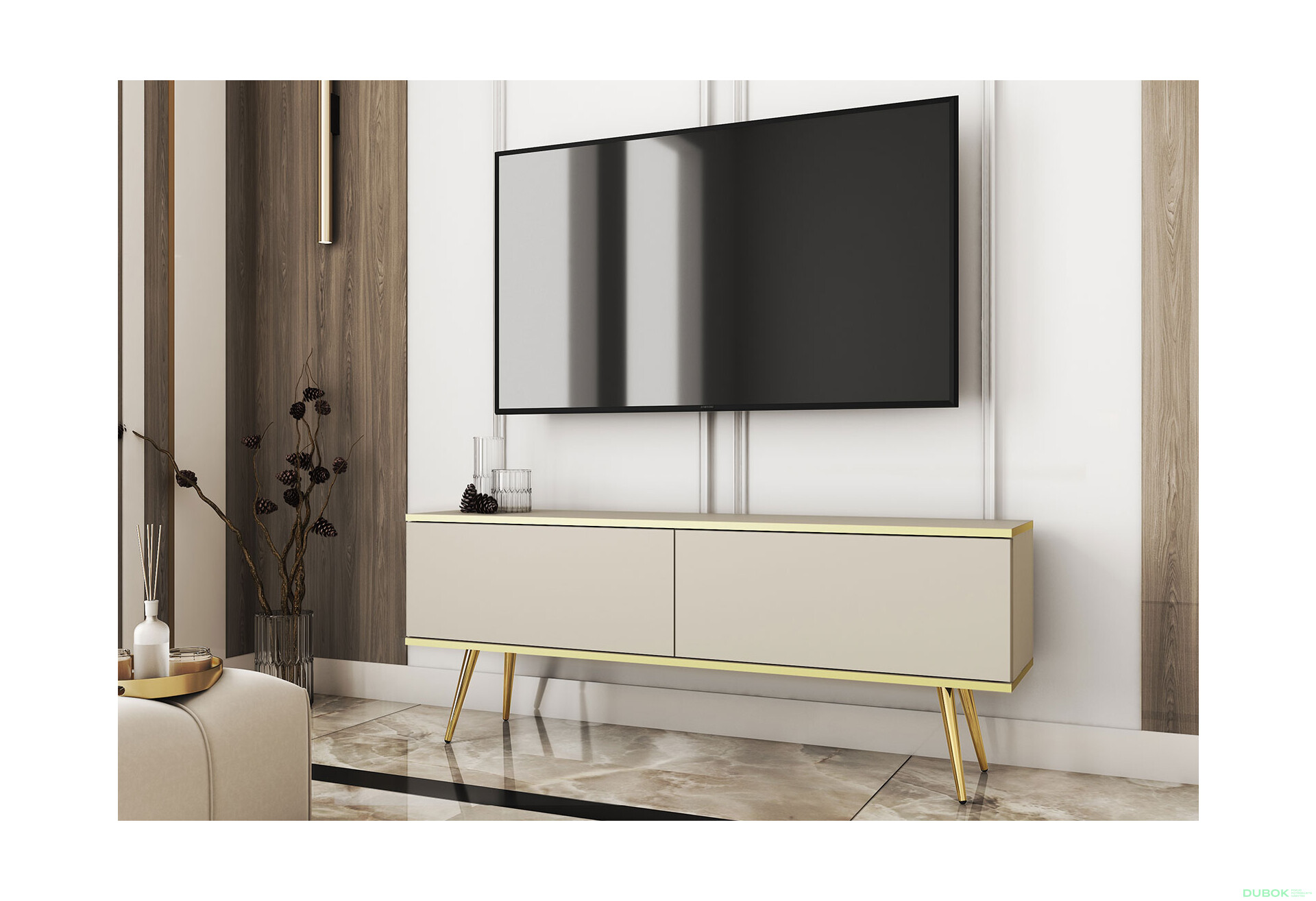 TV stolík RTV 135 béžový, zlaté nohy Oro - Fotografia 2 Fotografia 2 - TV stolík RTV 135 béžový, zlaté nohy Oro