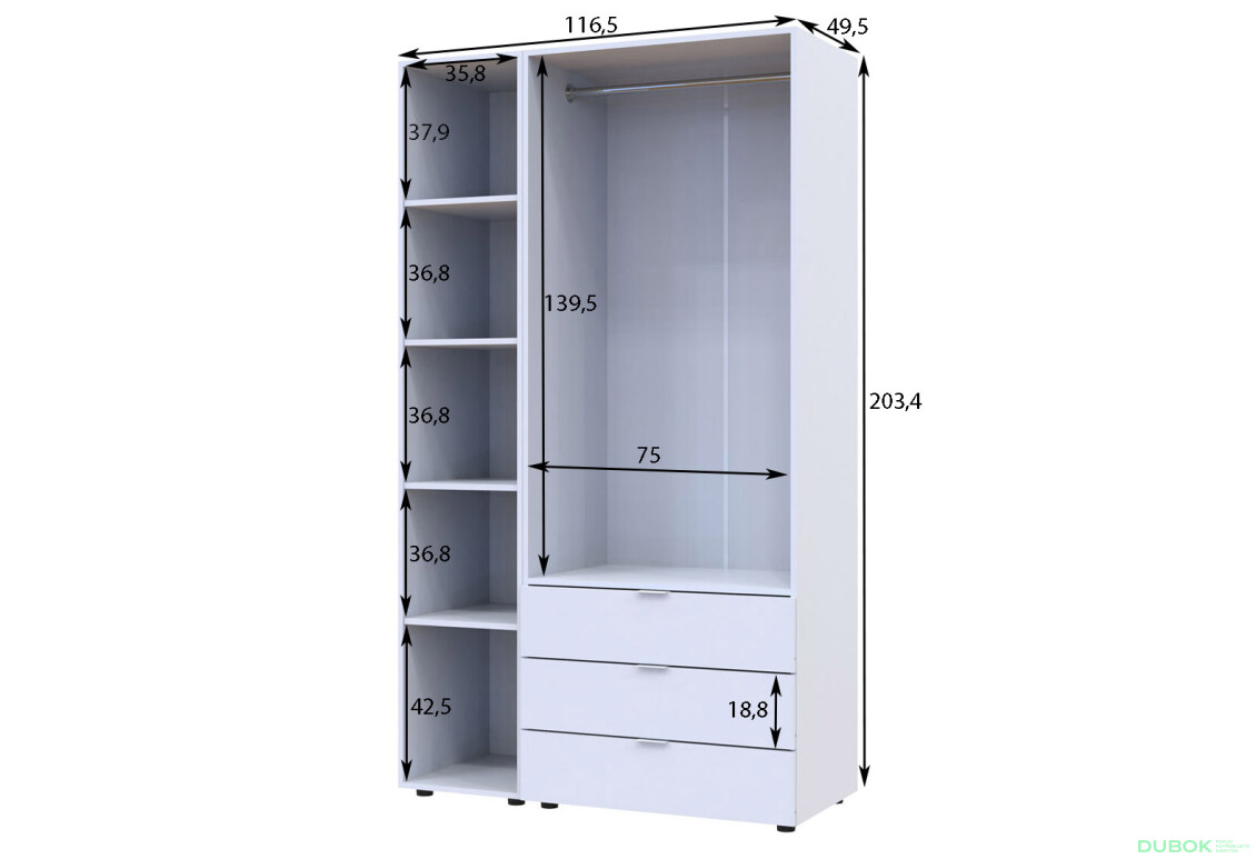 Skriňa trojdverová so zrkadlom Gelar 116.5 cm Biela - Fotografia 4 Fotografia 4 - Skriňa trojdverová so zrkadlom Gelar 116.5 cm Biela