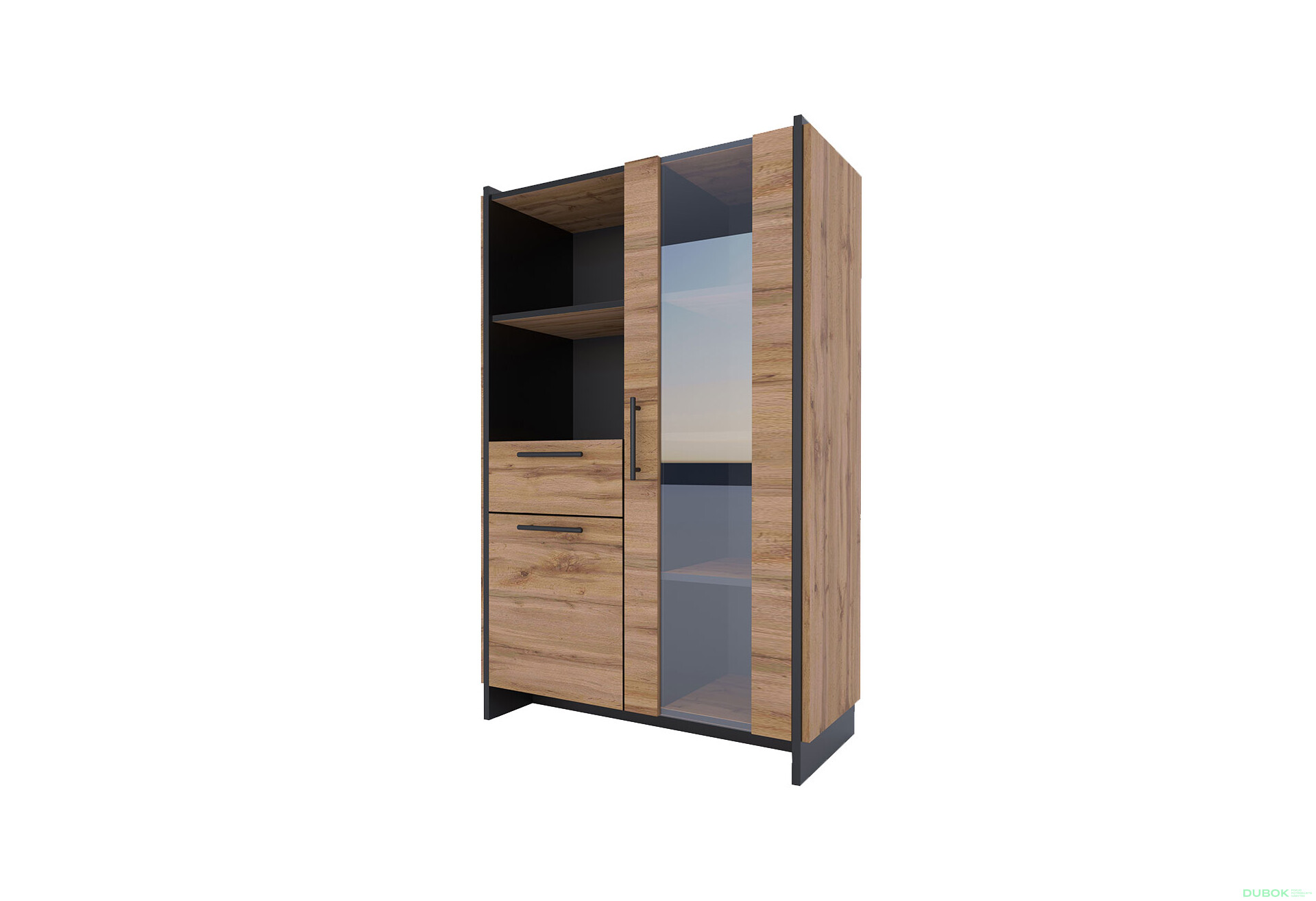 Vitrína nízka 1d1w1s dub wotan / čierny Amino - Fotografia 1 Fotografia 1 - Vitrína nízka 1d1w1s dub wotan / čierny Amino